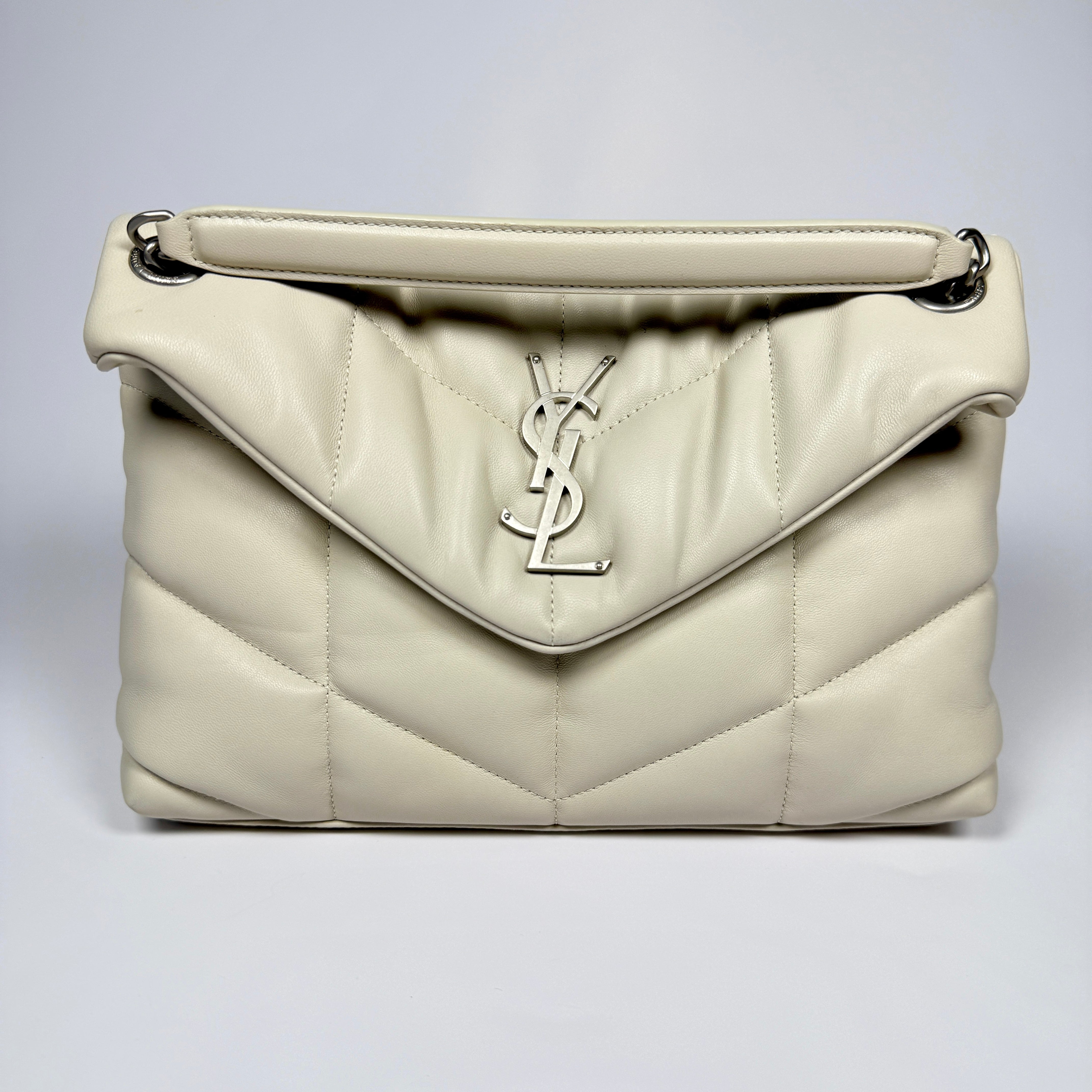 Saint Laurent Loulou Puffer Shoulder Bag In Cream Leather With Silver Hardware 100% Authentic and preloved In Very Good Condition