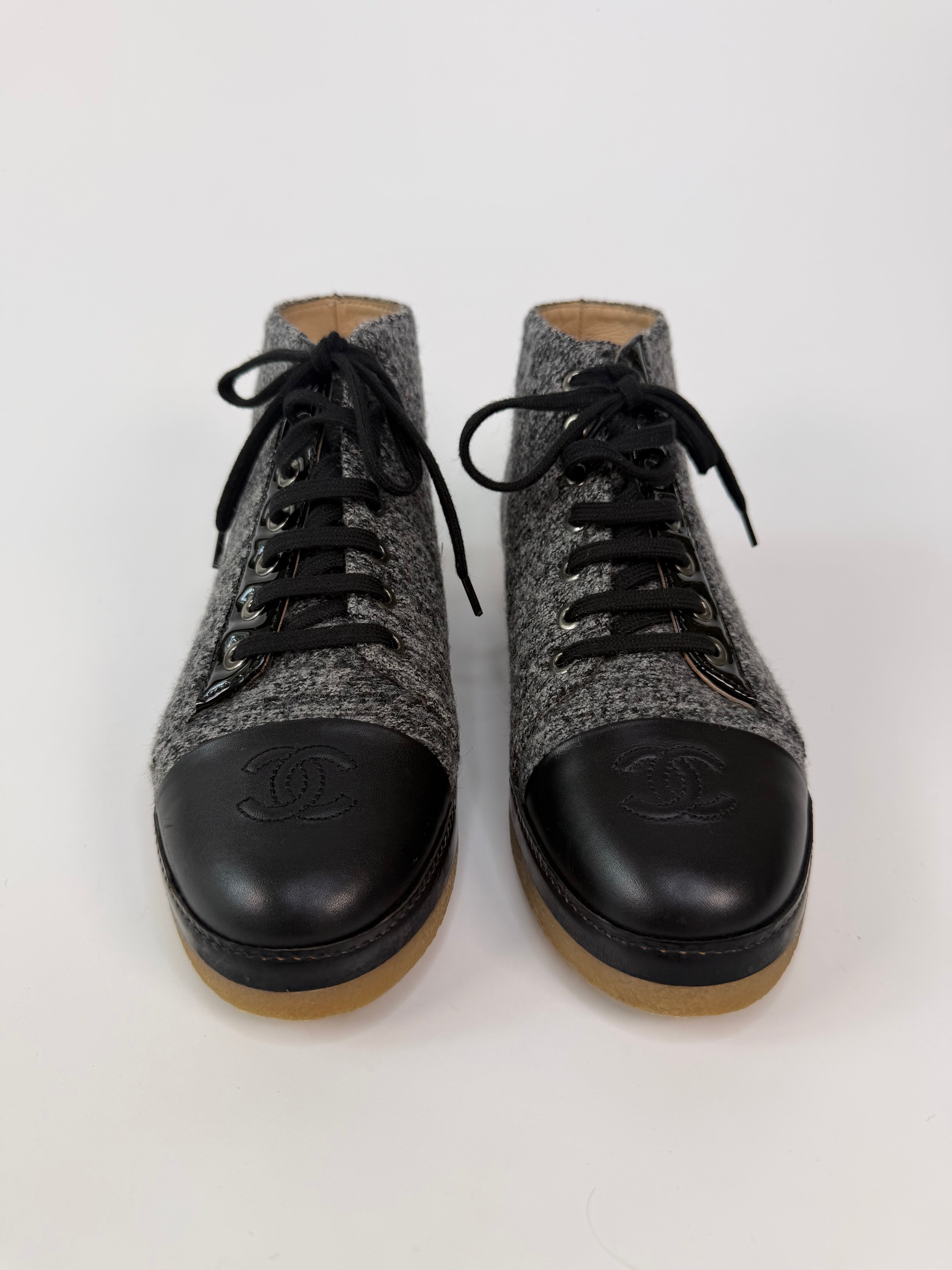 Chanel CC Lace Up Ankle Boots In Grey & Black Tweed (Size 37/UK4) 100% authentic and preloved in excellent condition