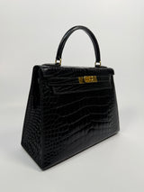 Hermès Vintage Kelly 28 In Shiny Black Crocodile With GHW