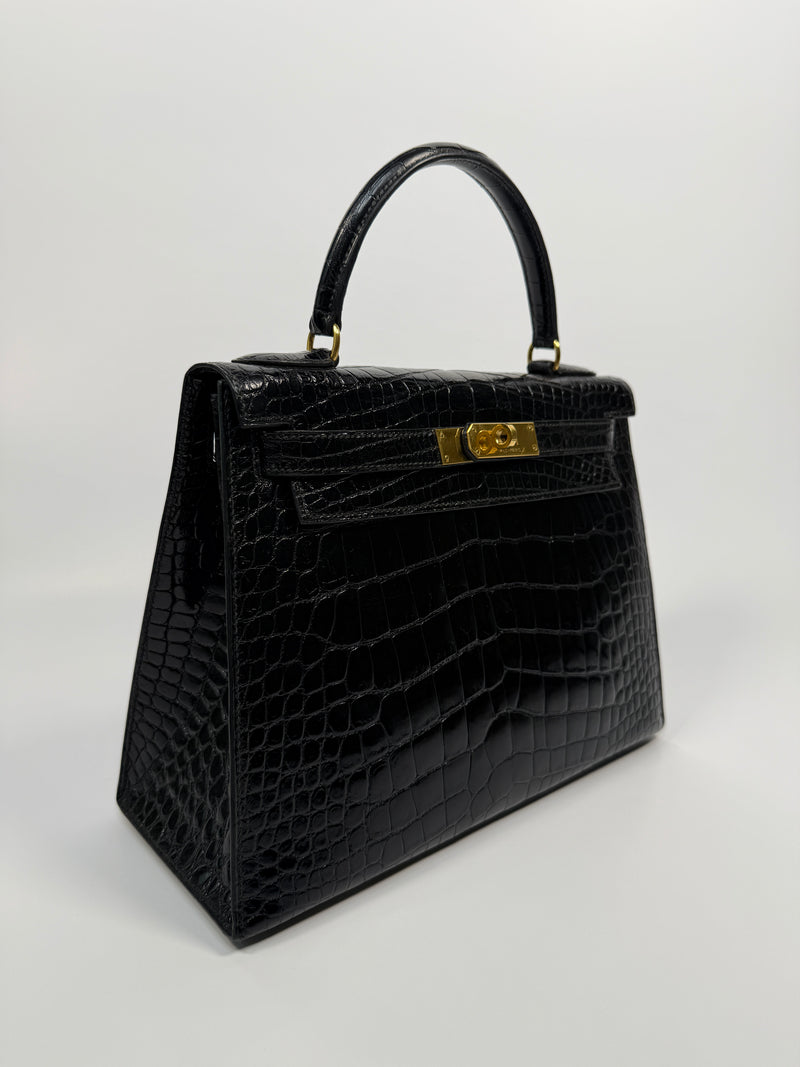 Hermès Vintage Kelly 28 In Shiny Black Crocodile With GHW