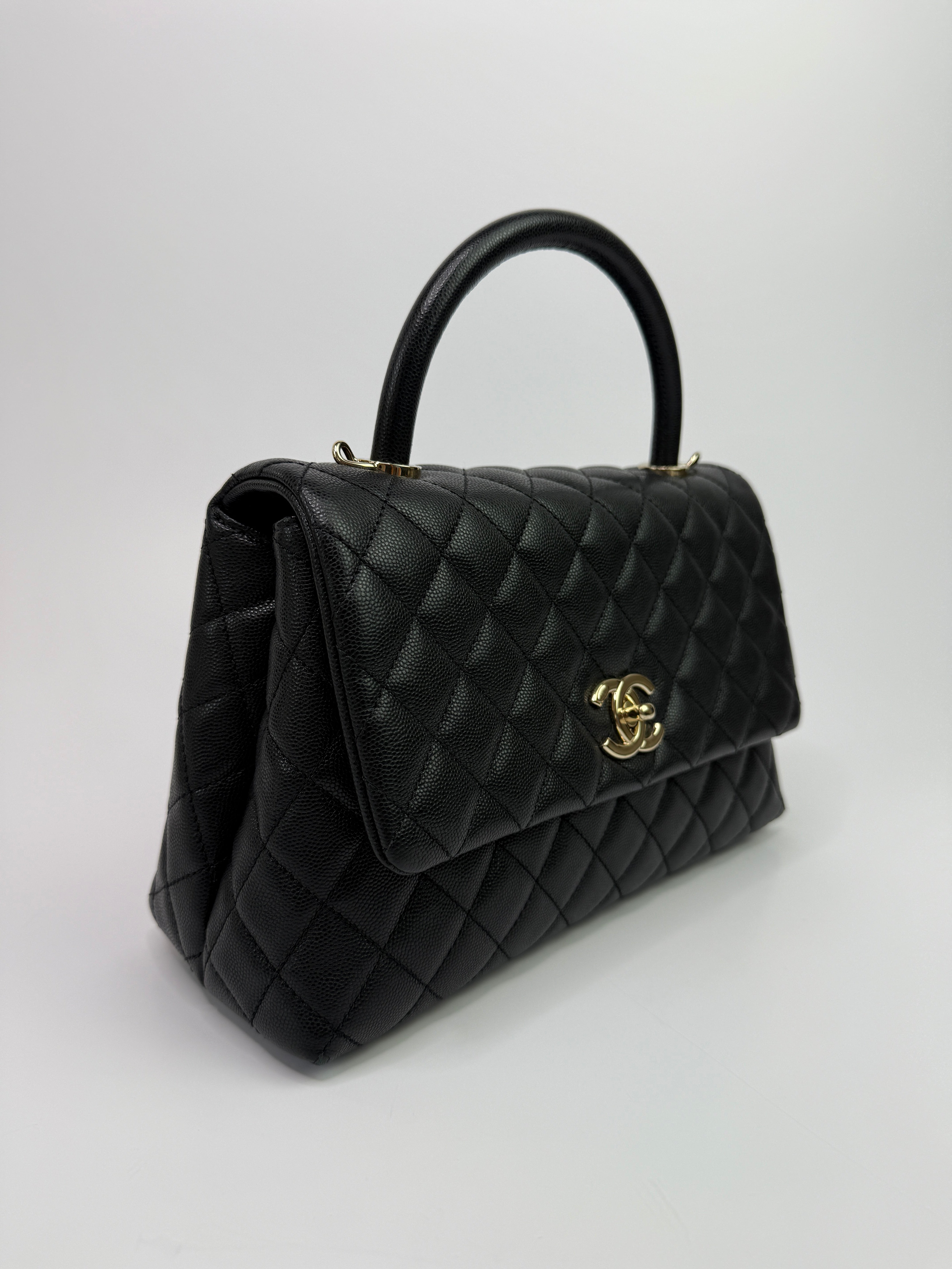 Chanel Coco Medium Top Handle In Black Caviar Leather With PGHW
