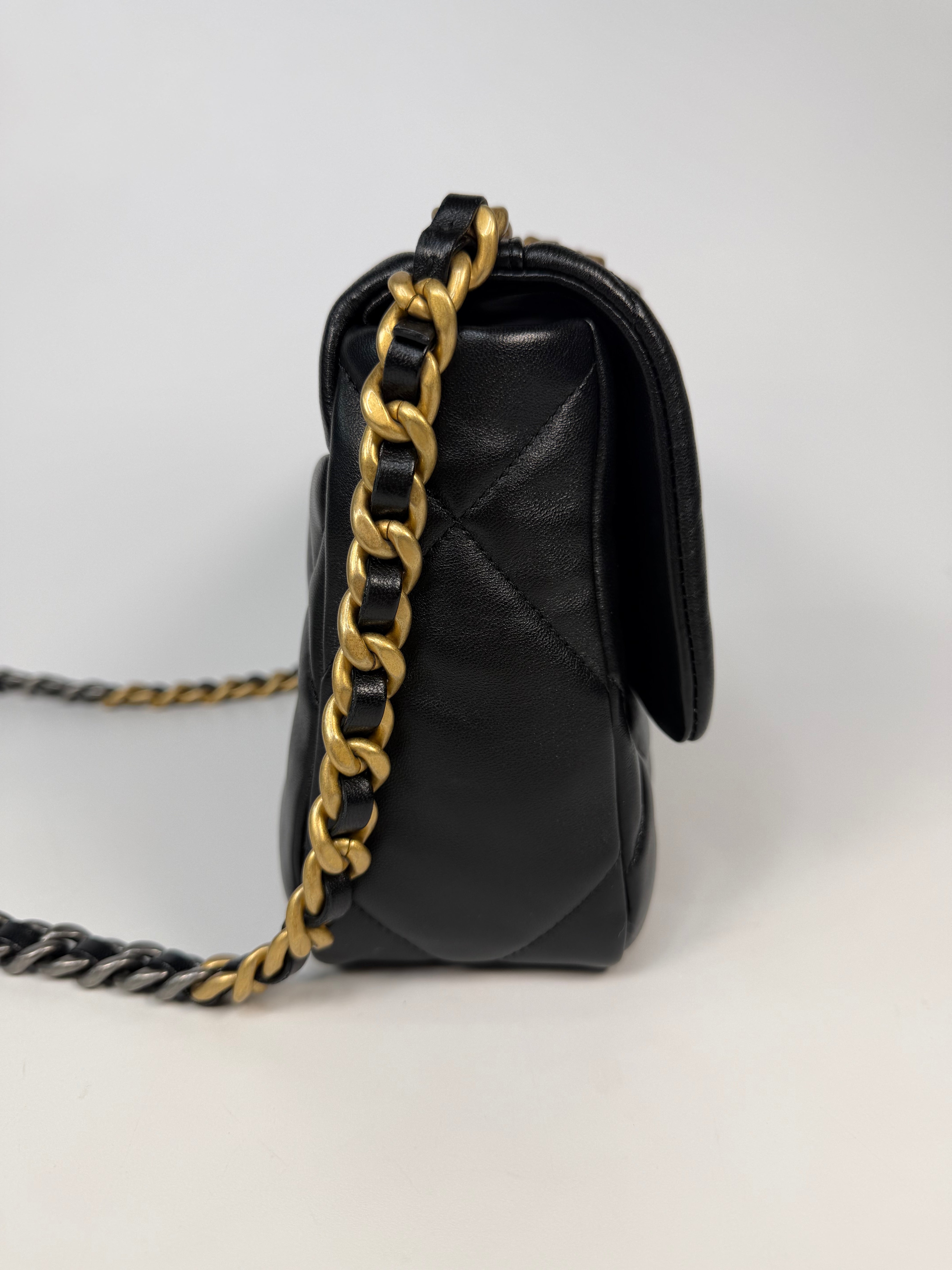 Chanel 19 Small In Black & White Leather With Mixed Hardware. Authentic and preloved in very good condition. Verified by Luxe Cheshire.