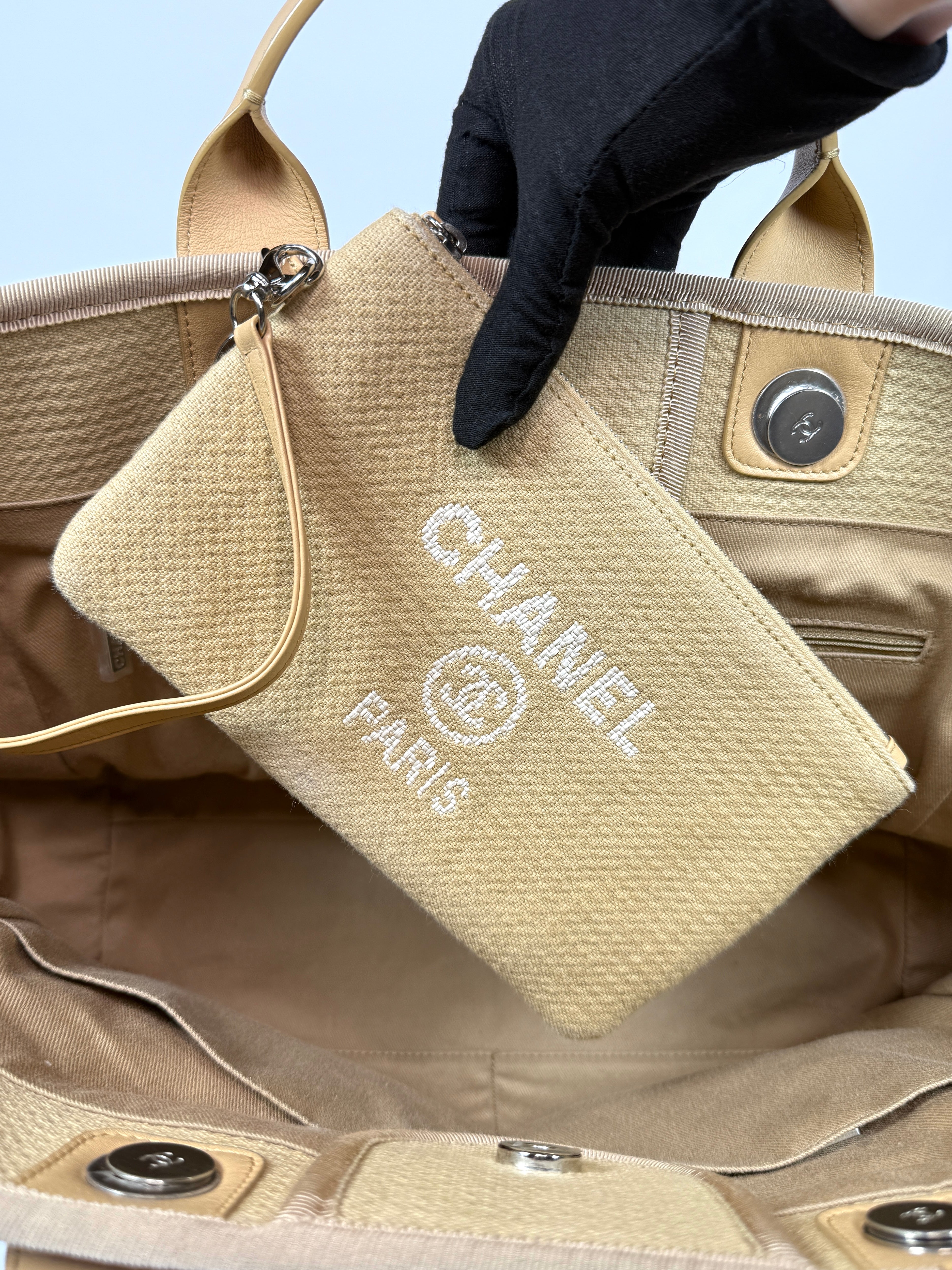 Chanel Large Deauville Tote Bag Large In Beige Fabric With Silver Hardware. Authentic and preloved In Very Good condition
