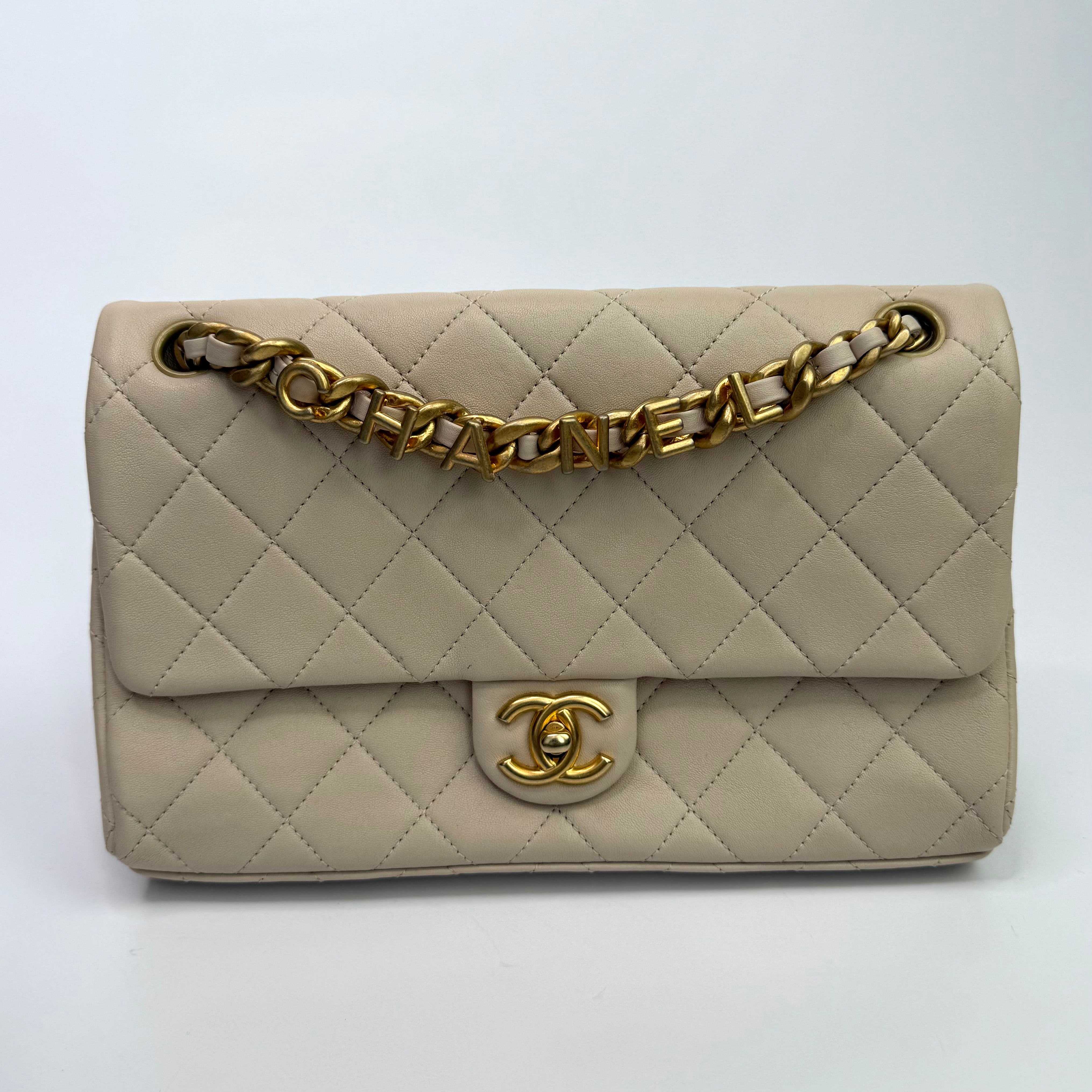 Chanel Medium Quilted Lambskin Logo Letters Touch Chain Flap Bag