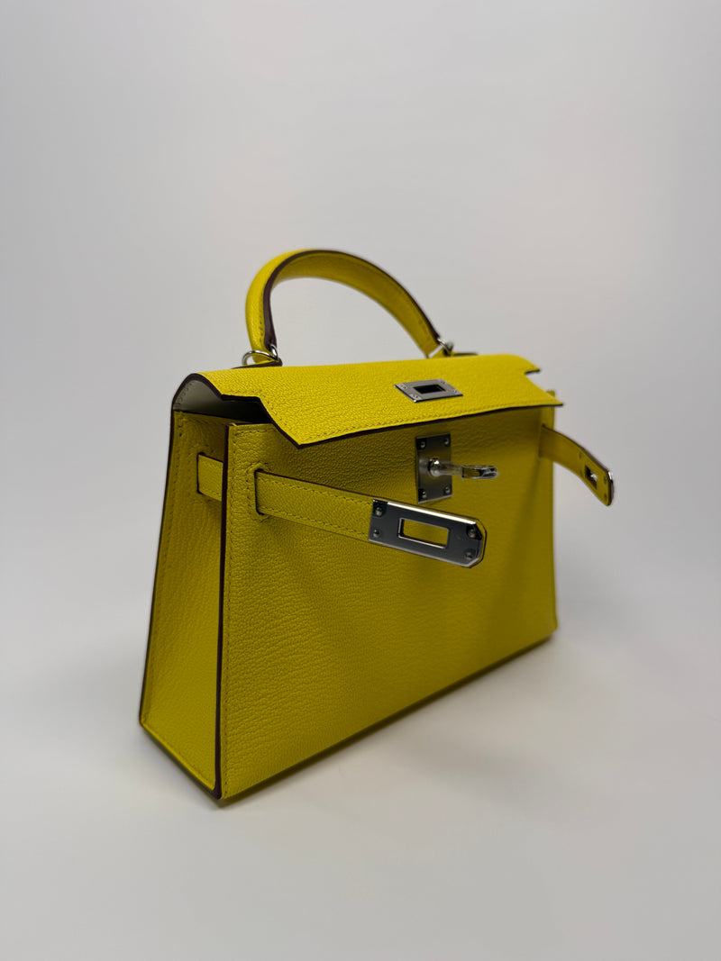 Hermés Mini Kelly ll Sellier Verso Chèvre Mysore in By Jaune Citron and Mushroom With PHW