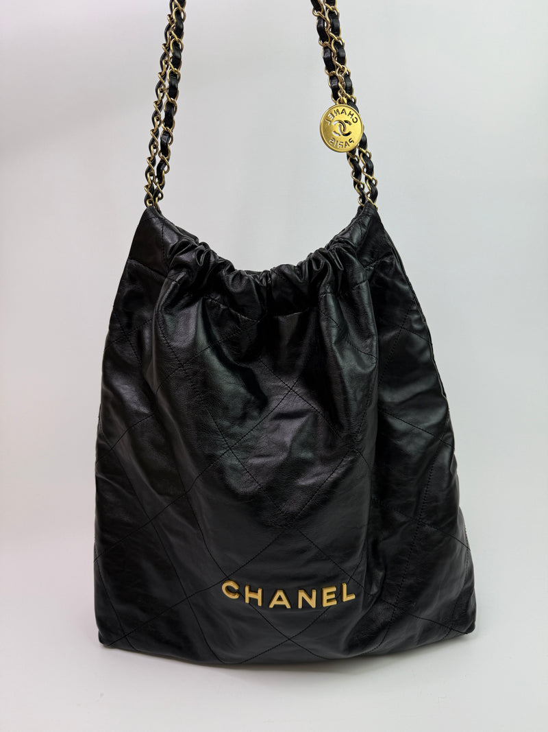 Chanel 22 Large In Black Calfskin Leather With GHW