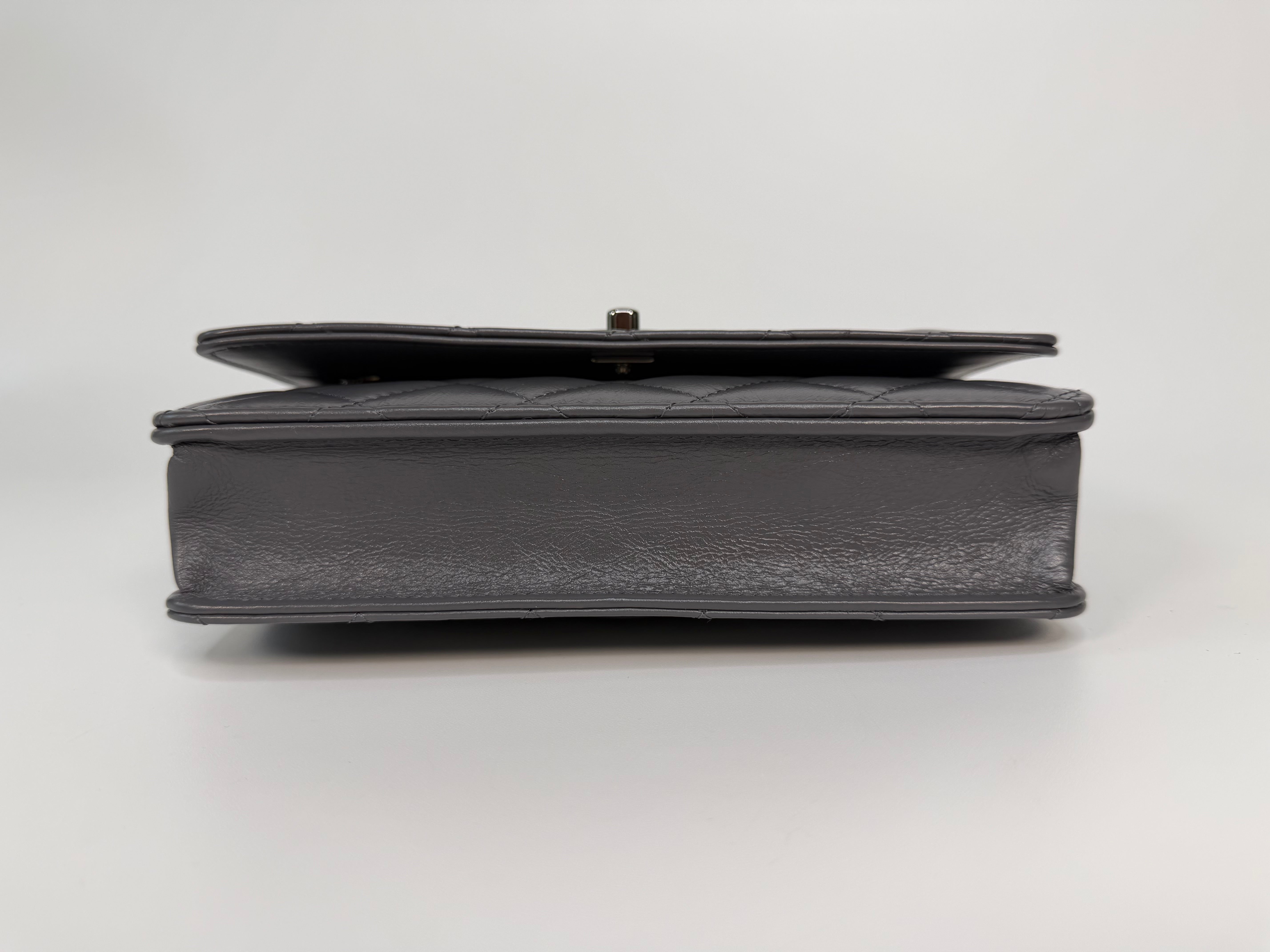 Chanel Wallet On Chain Top Handle In Grey Lambskin With Ruthenium Hardware. Authentic and preloved in excellent condition. 100% guarantee