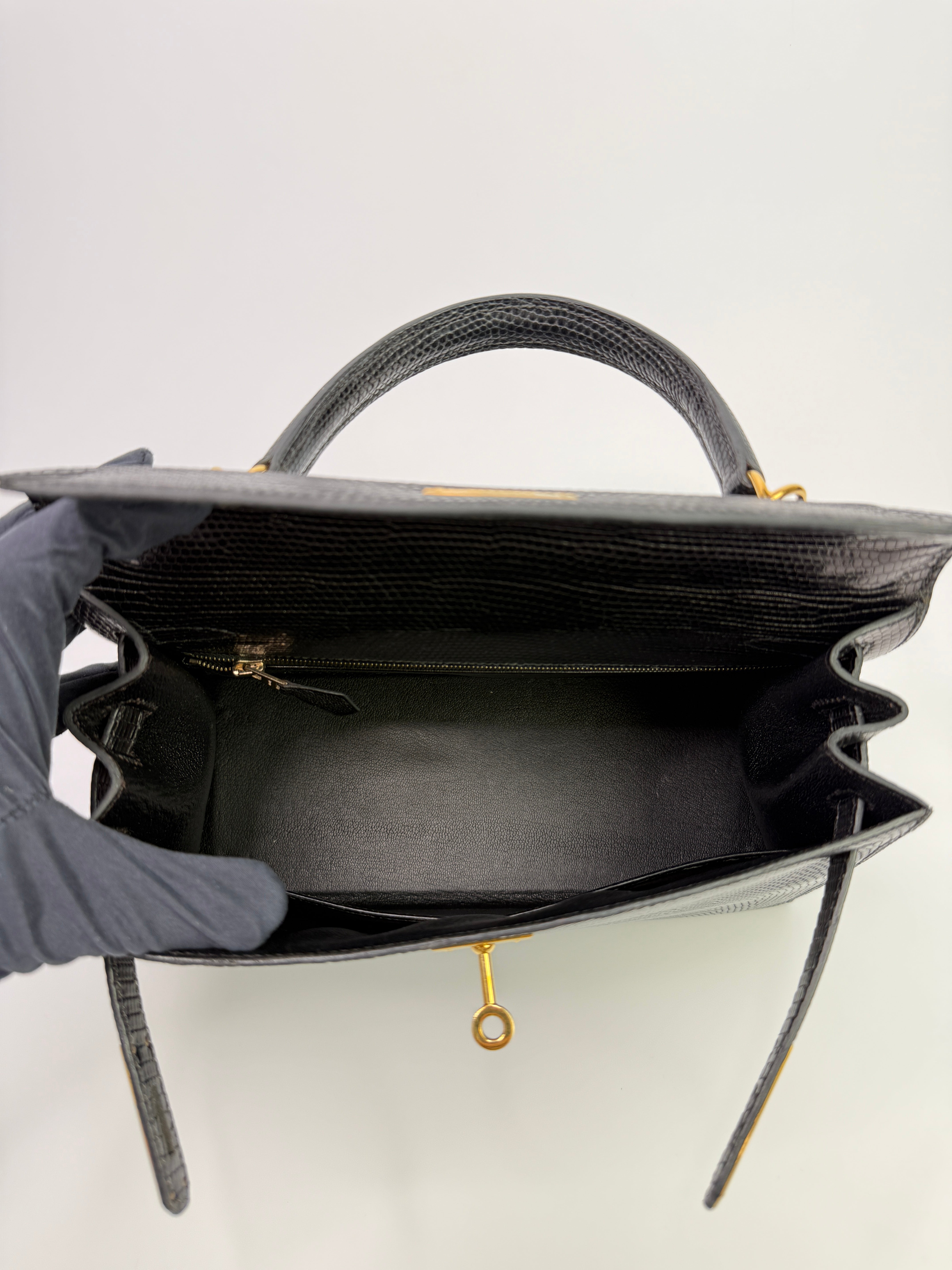 Hermès Vintage Kelly 28 In Black Lizard Leather With GHW