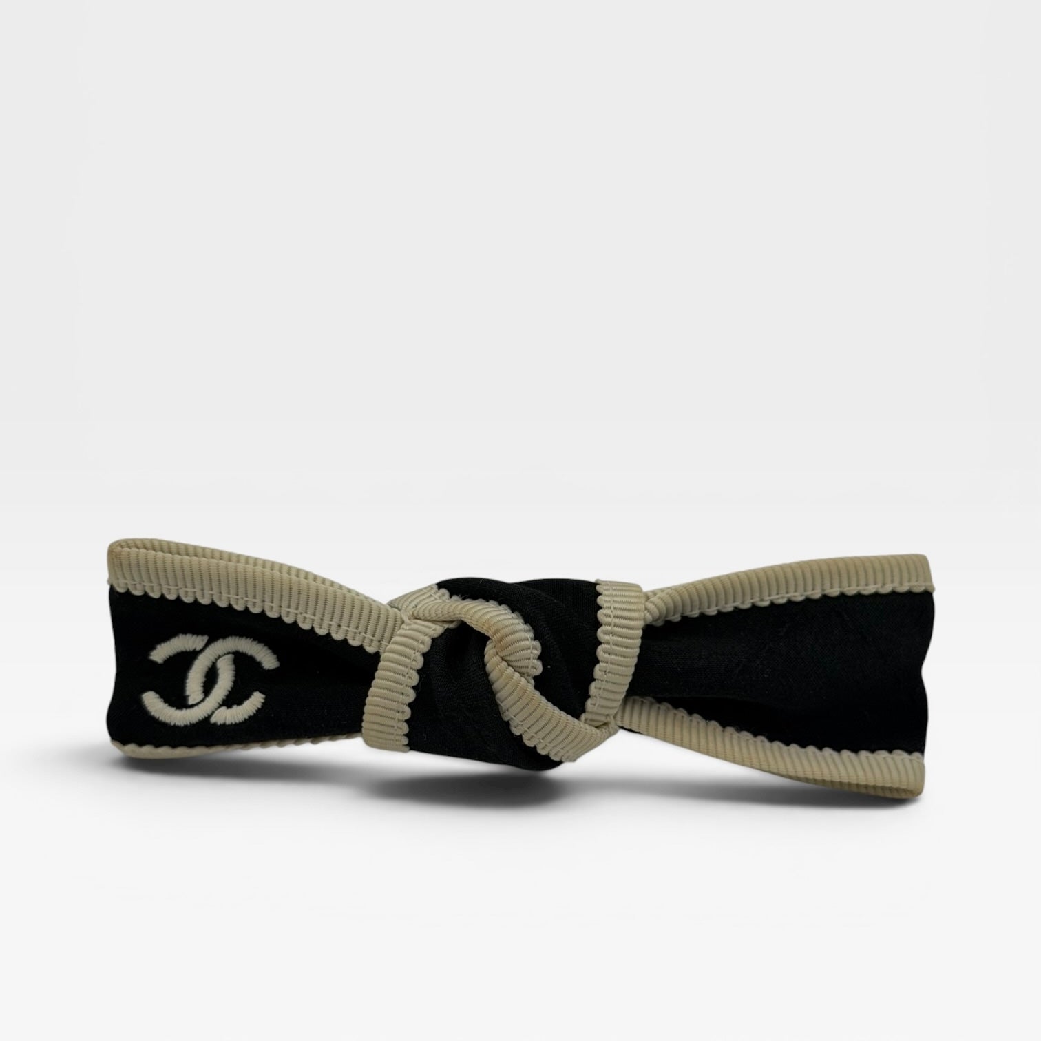 Chanel CC Logo Ribbon Bow Barrette In Black & Ivory Fabric With Silver Hardware