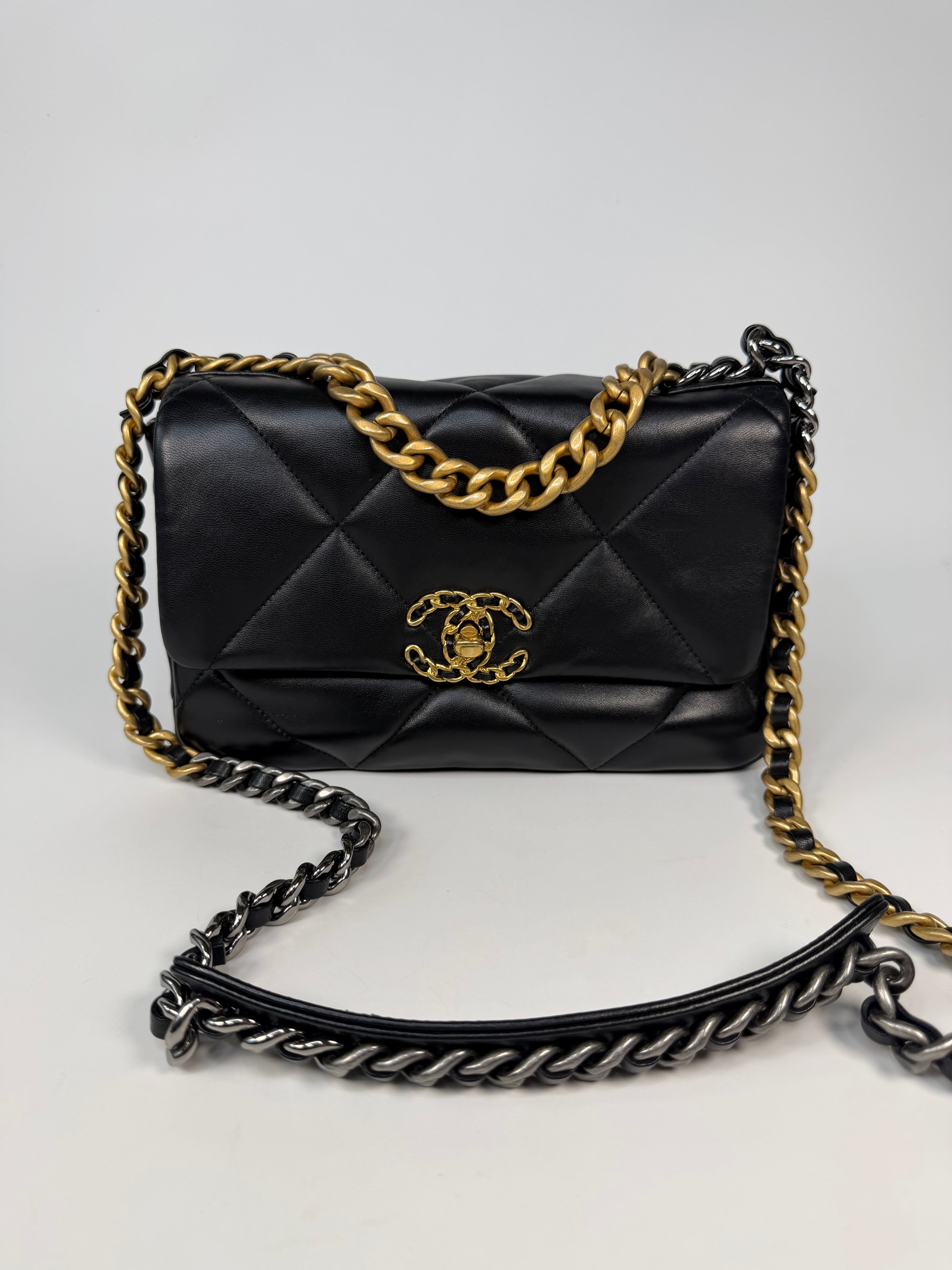 Chanel 19 Small In Black & White Leather With Mixed Hardware. Authentic and preloved in very good condition. Verified by Luxe Cheshire.