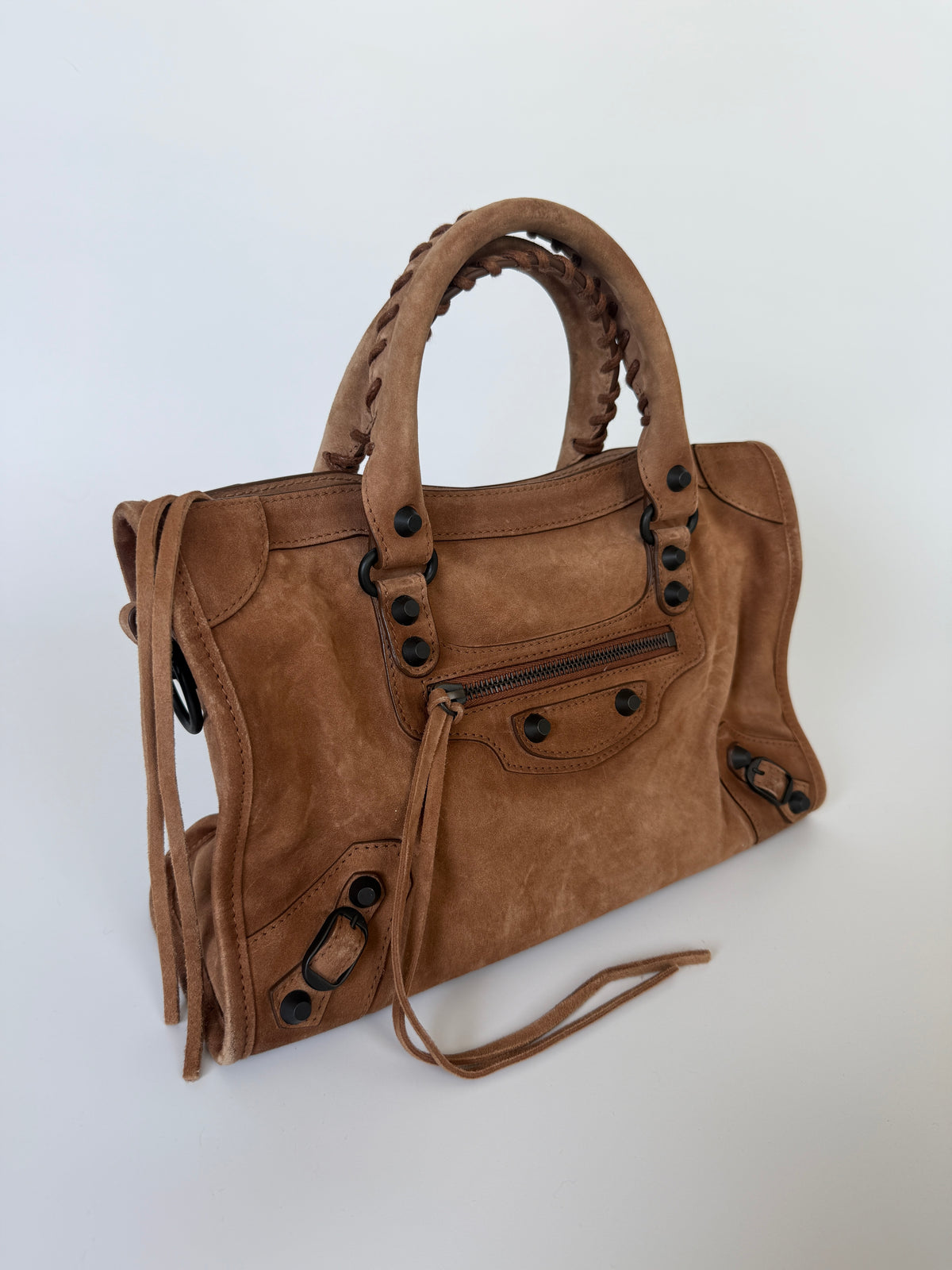 Balenciaga Le City Small Bag In Camel Suede Verified by Luxe Cheshire. Trusted designer resale.