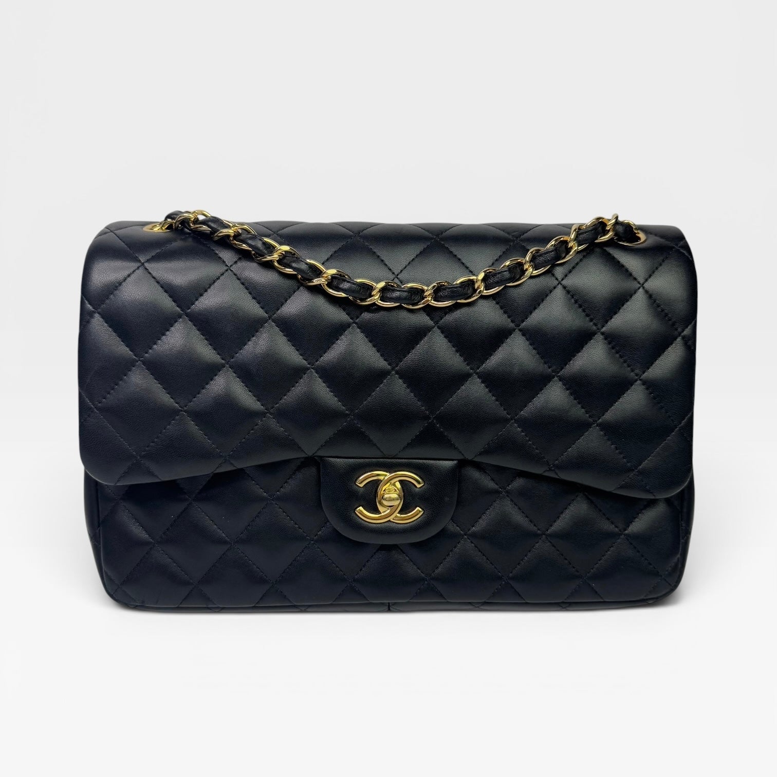 Chanel Black Lambskin Leather Jumbo Classic Double Flap Gold Hardware