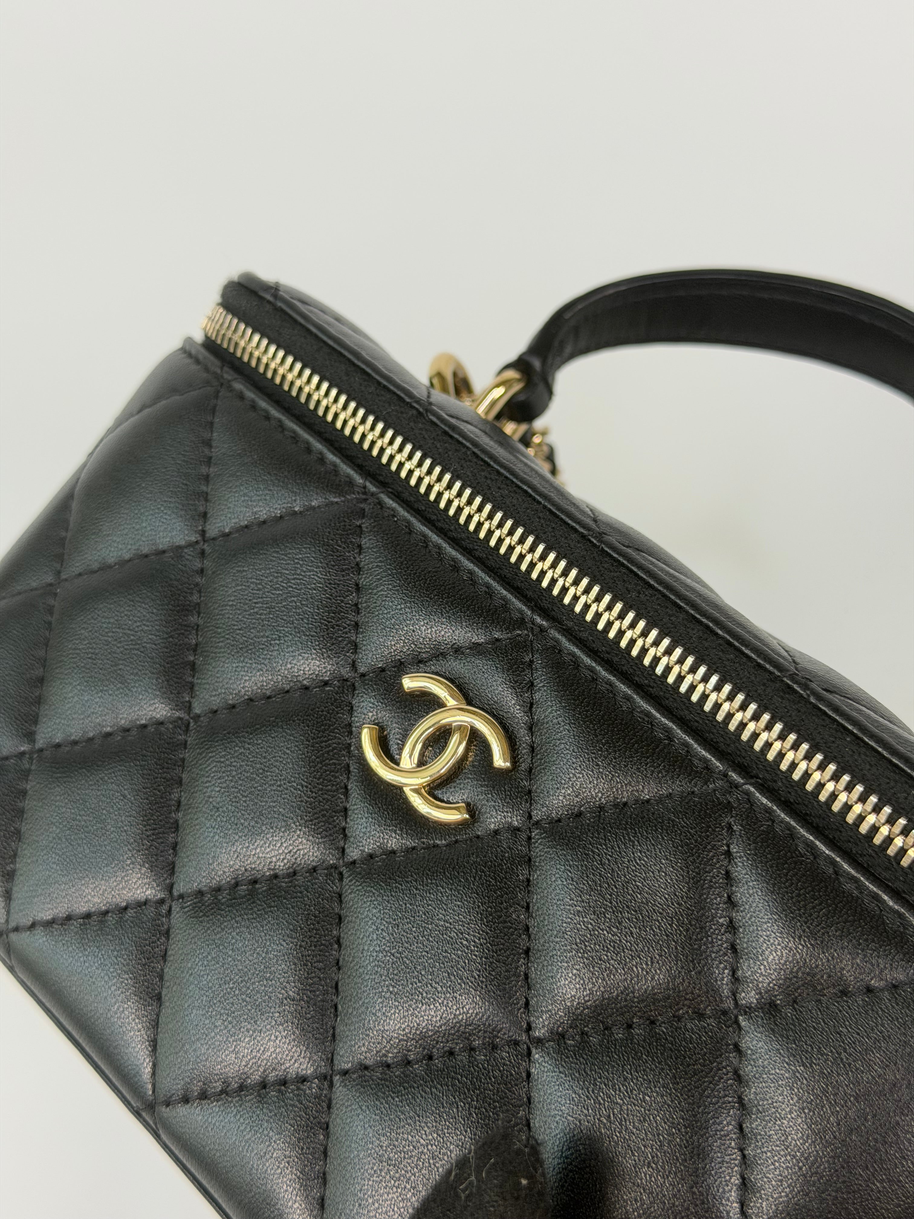 Chanel Vanity Top Handle In Black Lambskin With Pale Gold Hardware