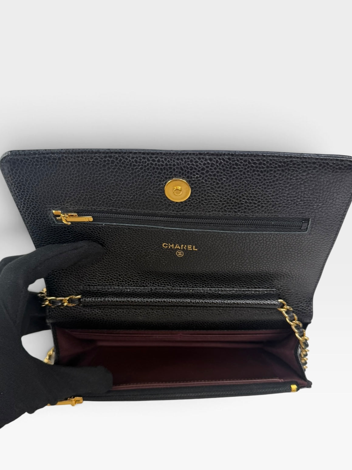 Chanel Wallet On Chain In Black Caviar Leather With Gold Hardware. Authentic and preloved in excellent condition. 100% guarantee