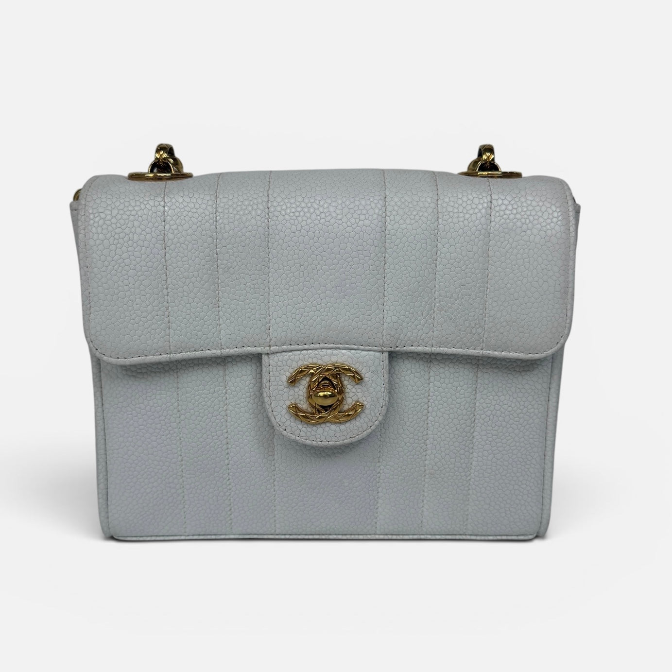 Chanel Vintage Mini Square Flap In White Caviar Leather With Gold Hardware
