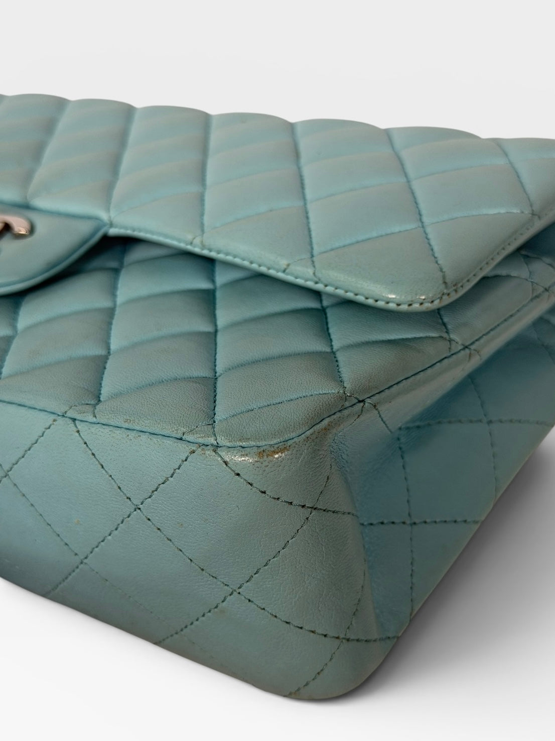 Chanel Medium Double Classic Flap Light Blue Silver Hardware. Authentic and preloved in good condition.