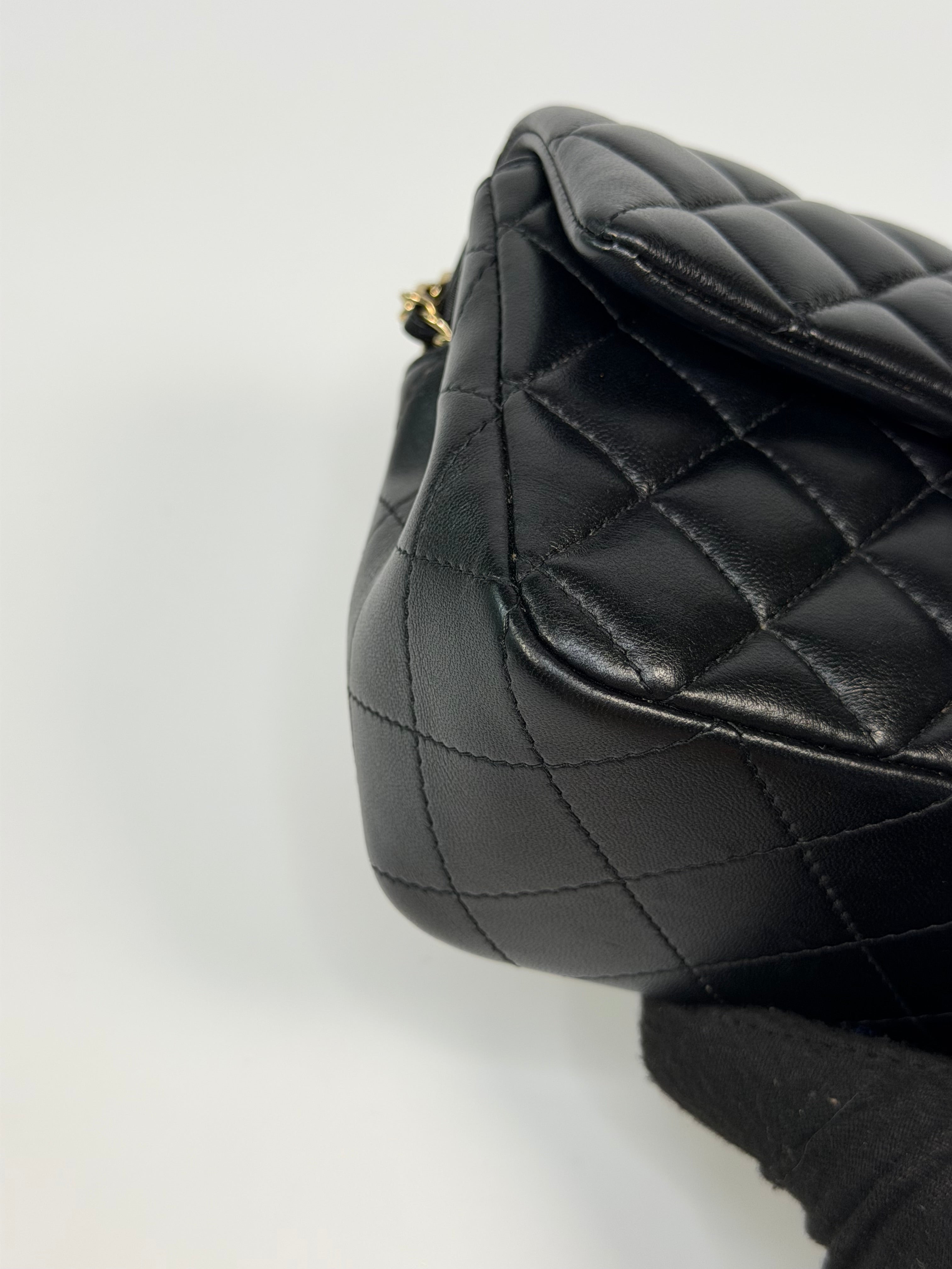 Chanel Mini Rectangle Top Handle In Black Lambskin Leather With Pale Gold Hardware. Authentic and preloved in excellent condition.