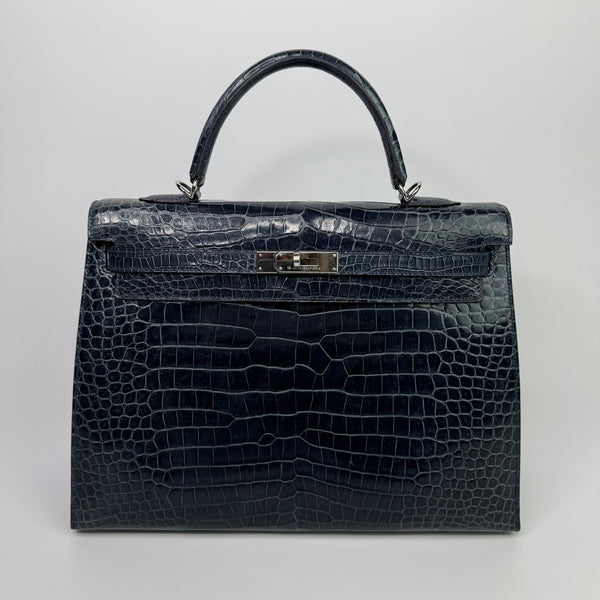 Hermès Kelly 35 In Bleu Crocodile Porosus Lisse With PHW