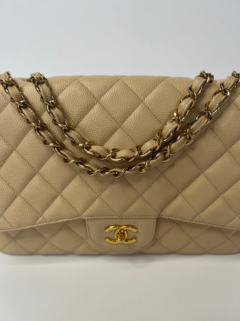 Chanel Classic Jumbo Single Flap In Beige Caviar Leather