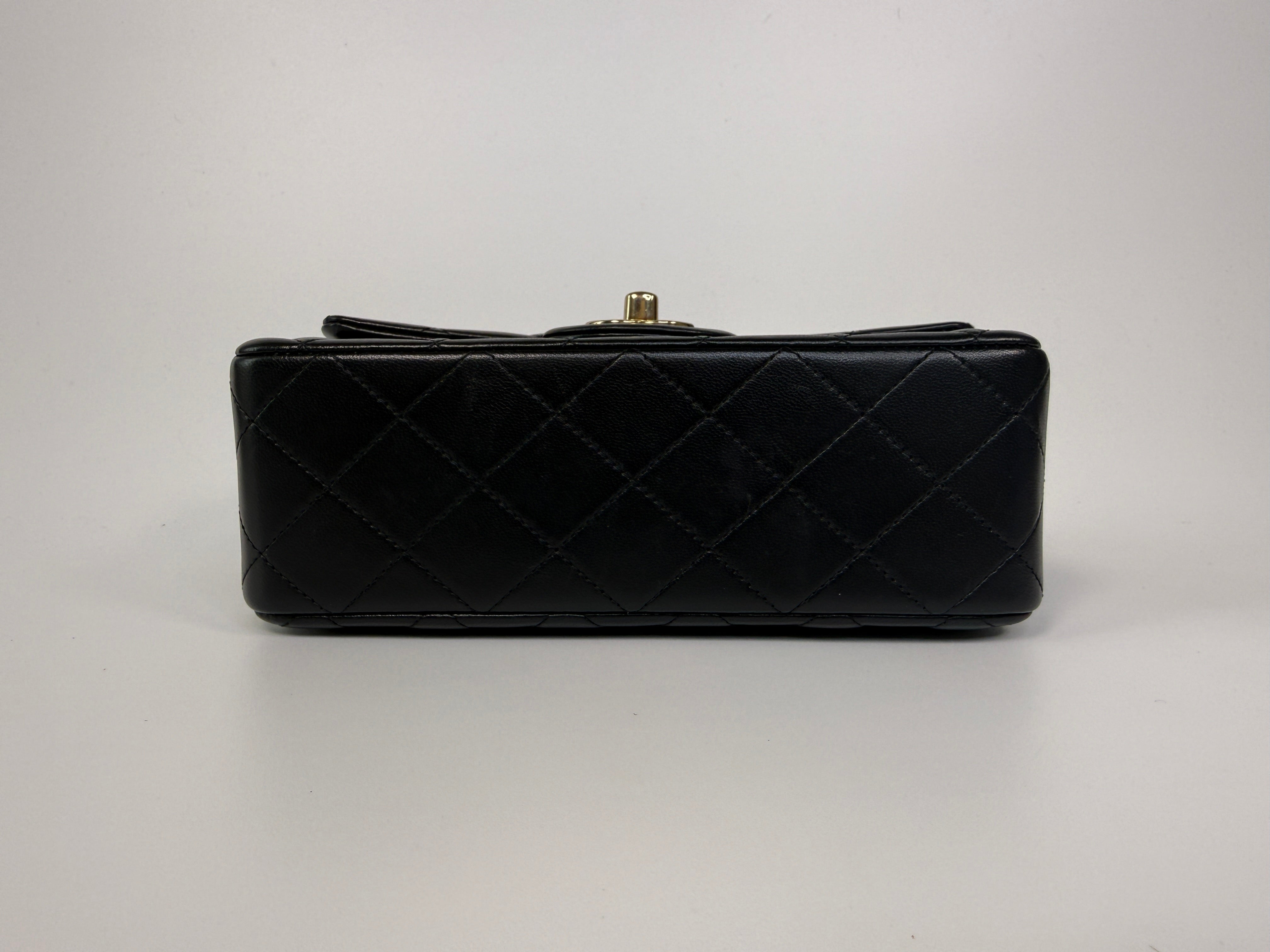 Chanel Mini Rectangle In Black Lambskin Leather With Pale Gold Hardware