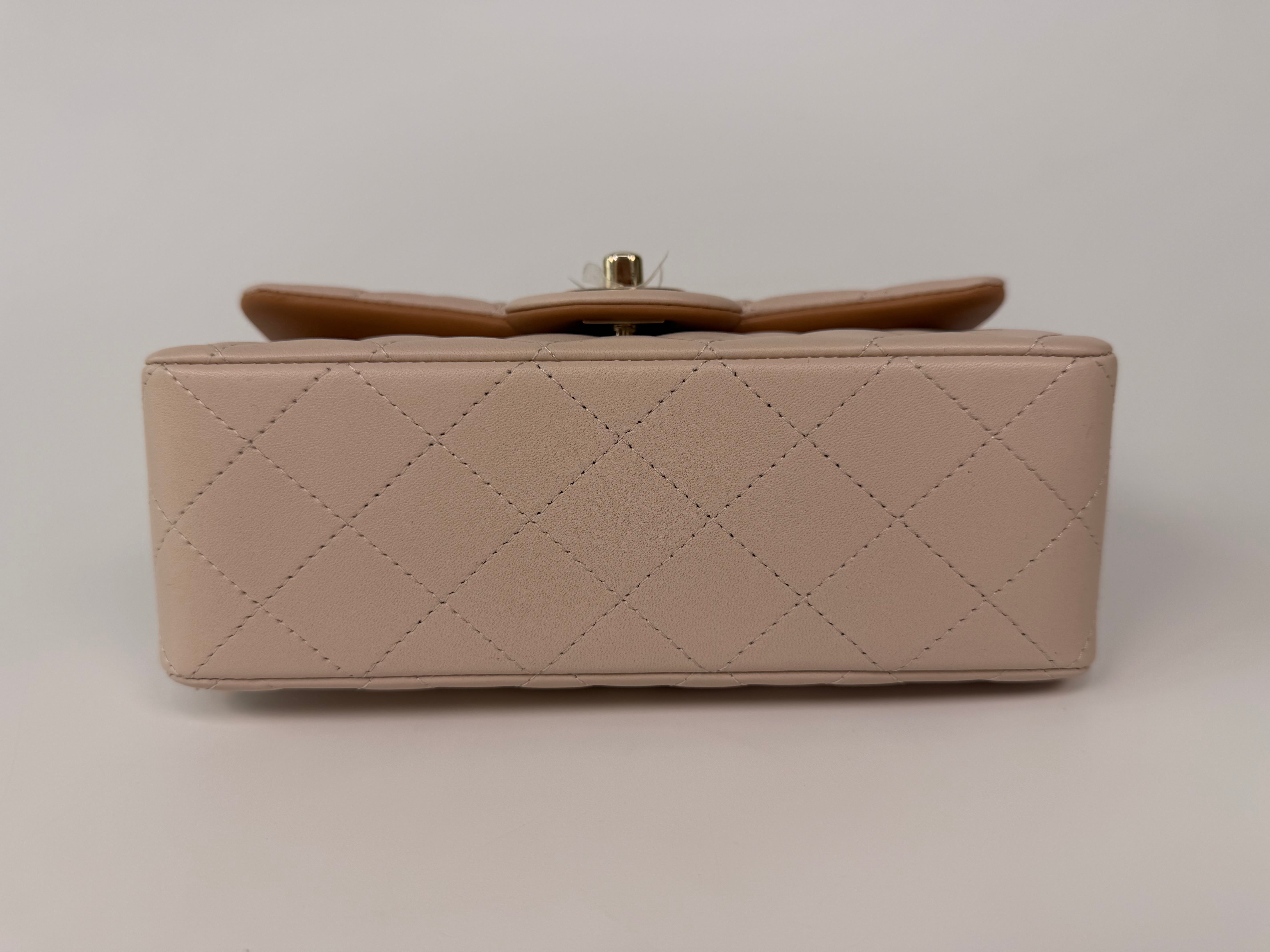Chanel Mini Rectangle Top Handle In Light Beige Lambskin Leather With Pale Gold Hardware