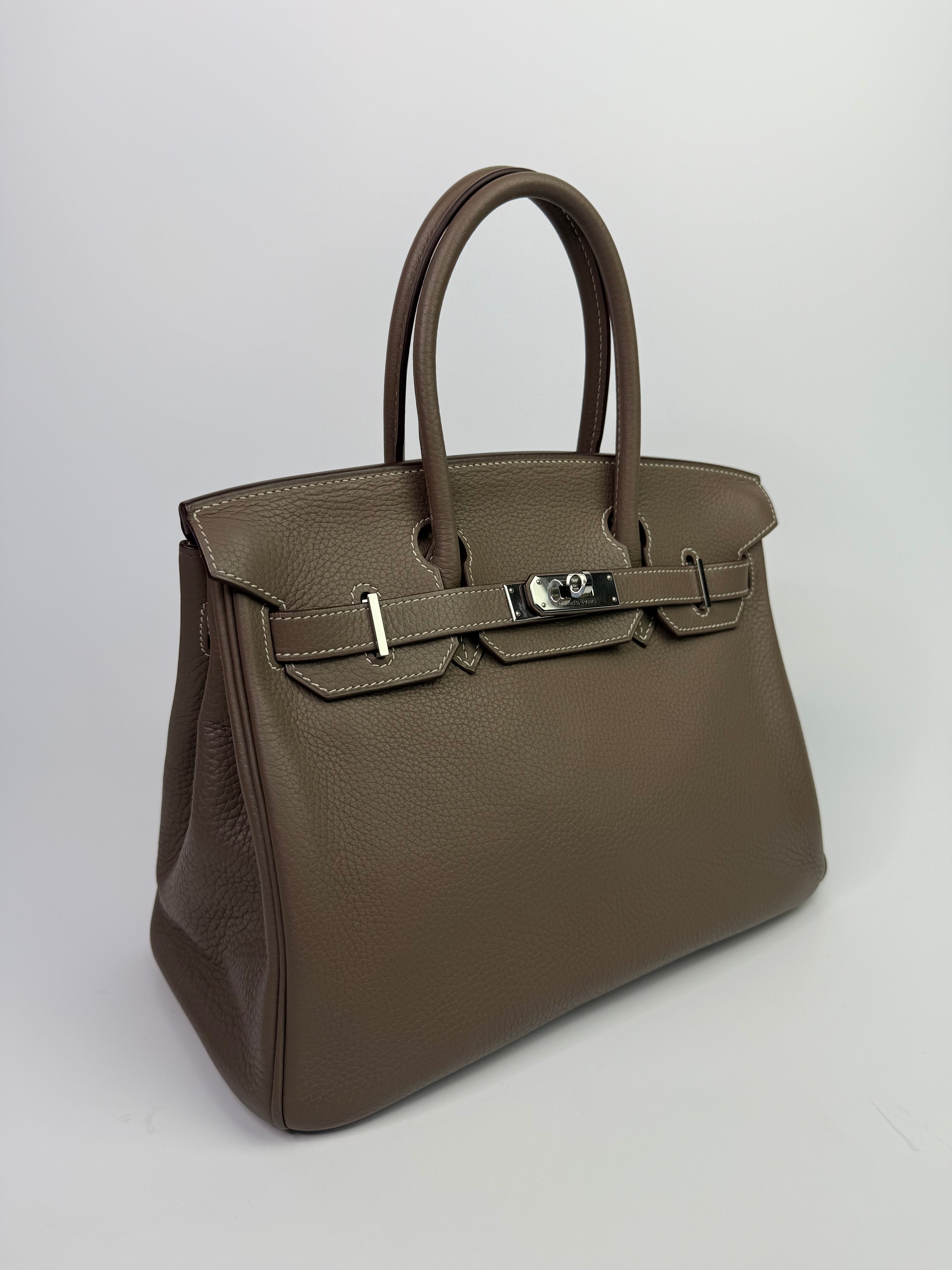 Authentic Pre Loved Hermès Birkin 30 In Etoupe Clemence Leather With Palladium Hardware Excellent Condition