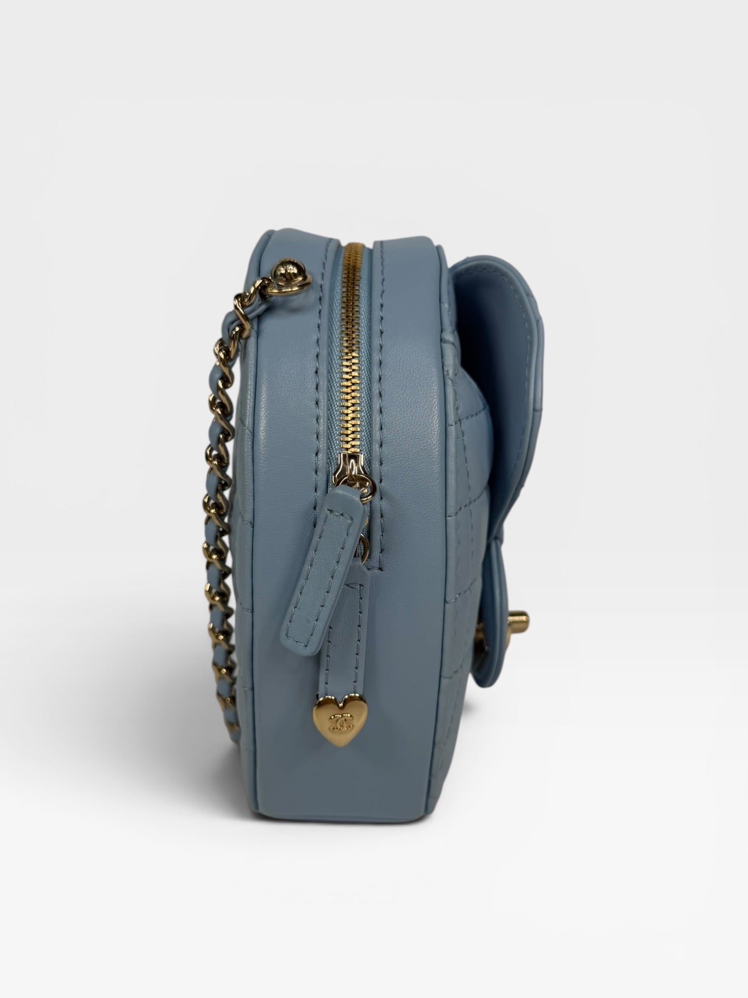Chanel Heart Bag Large In Blue Lambskin Leather With Pale Gold Hardware. 100% authentic and preloved in excellent condition