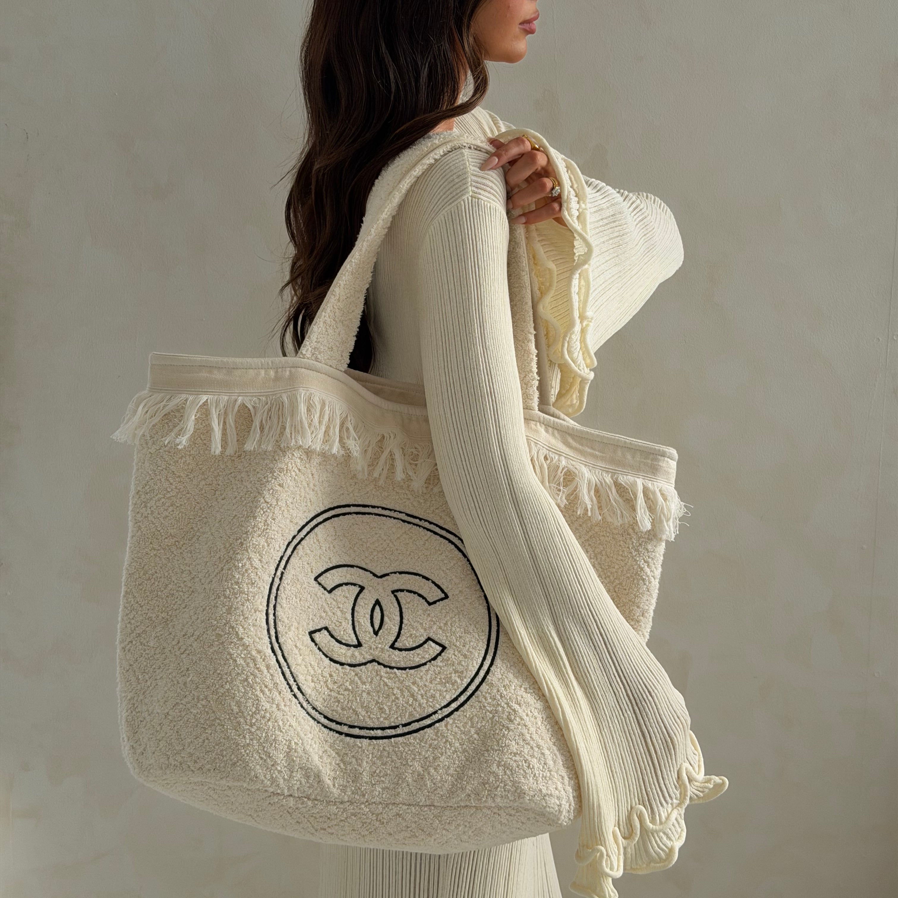 Chanel  Beach Bag In Cream Towelling