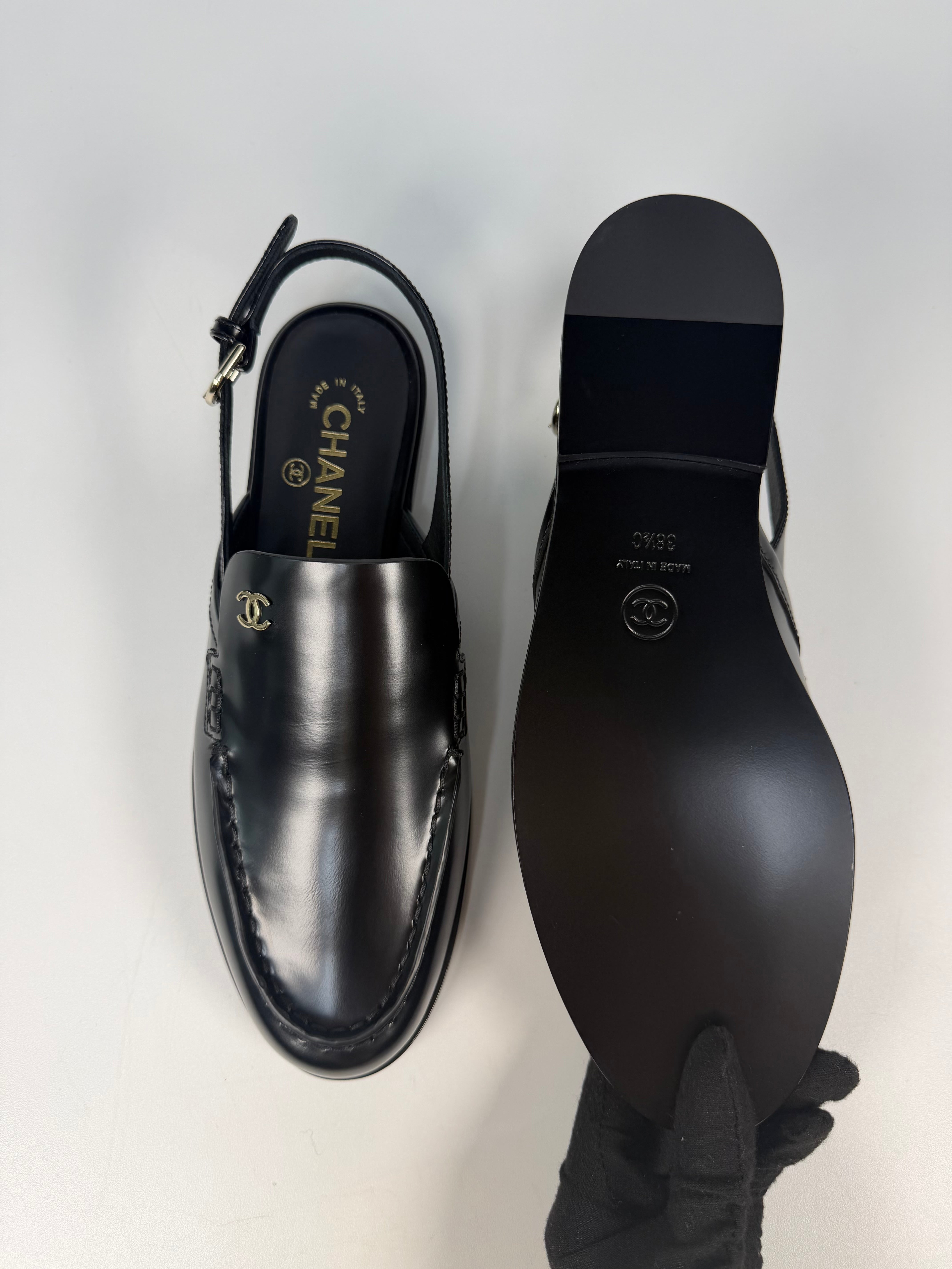 Chanel Spring/Summer Slingback In Black Shiny Calfskin (Size 38.5). Authentic and preloved in new/unused condition. verified by luxe cheshire. insured next day delivery