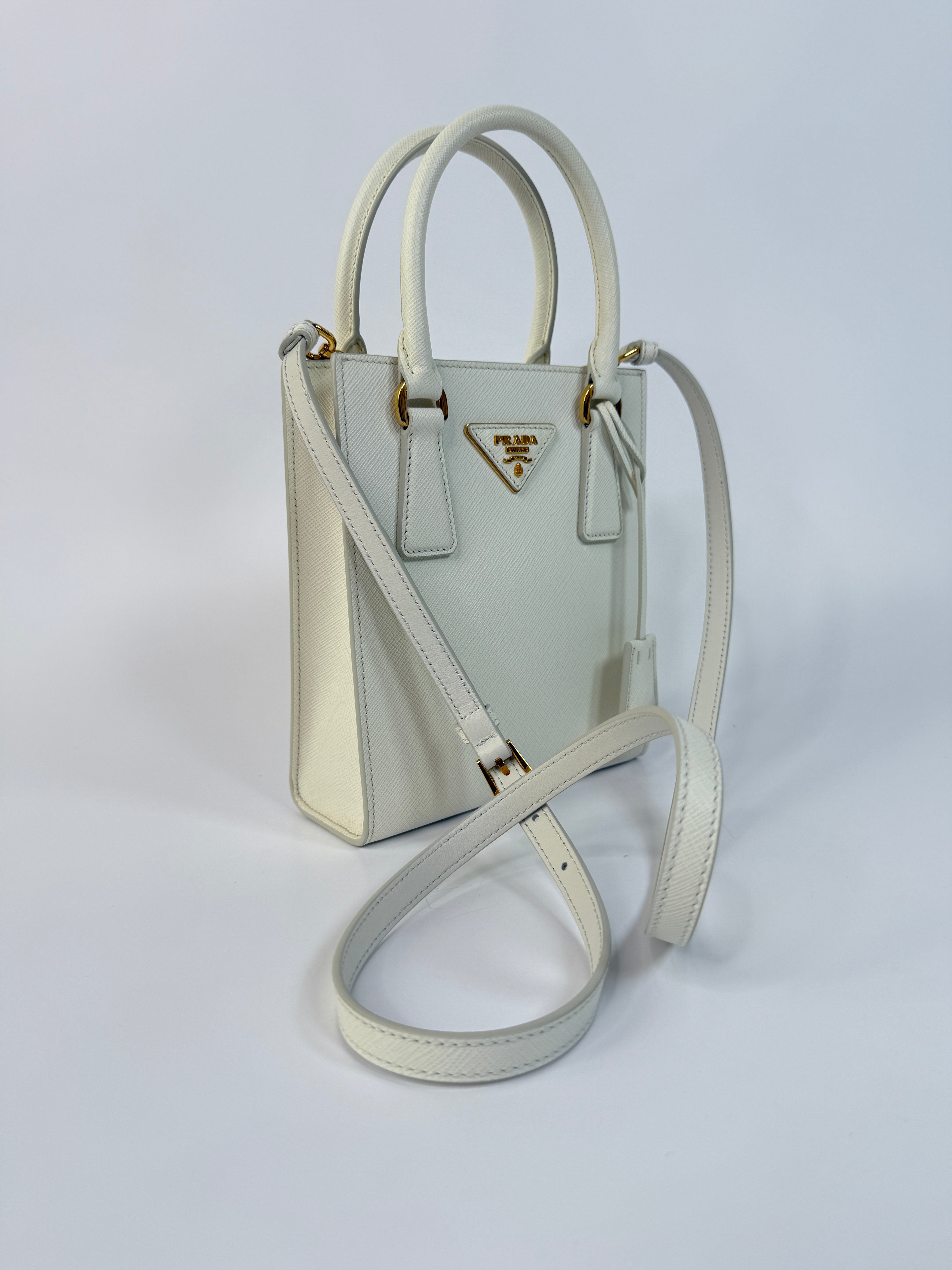 Prada Mini Tote In White Saffiano Leather