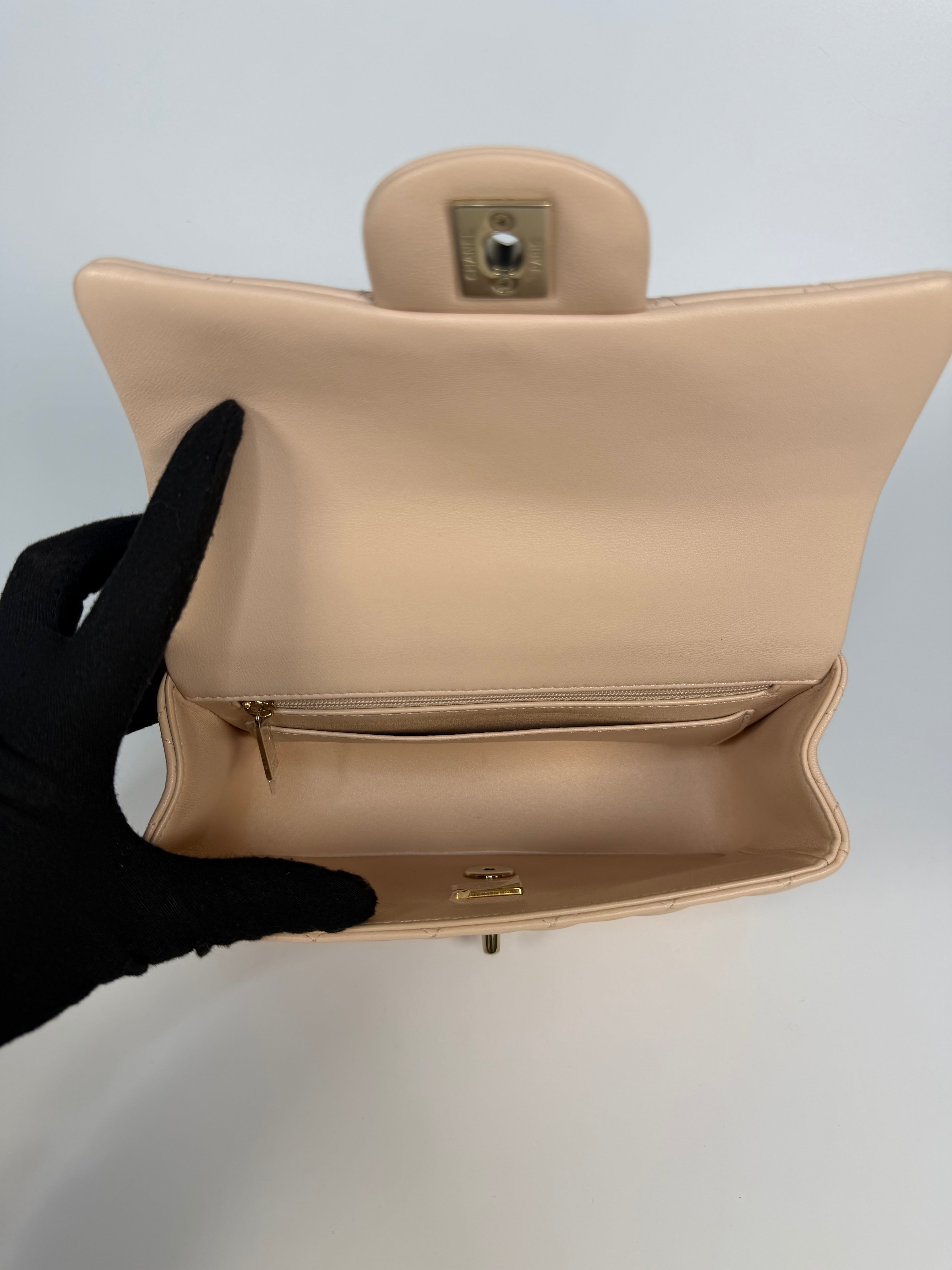 Chanel Mini Rectangle Top Handle In Light Beige Lambskin Leather With Gold Hardware