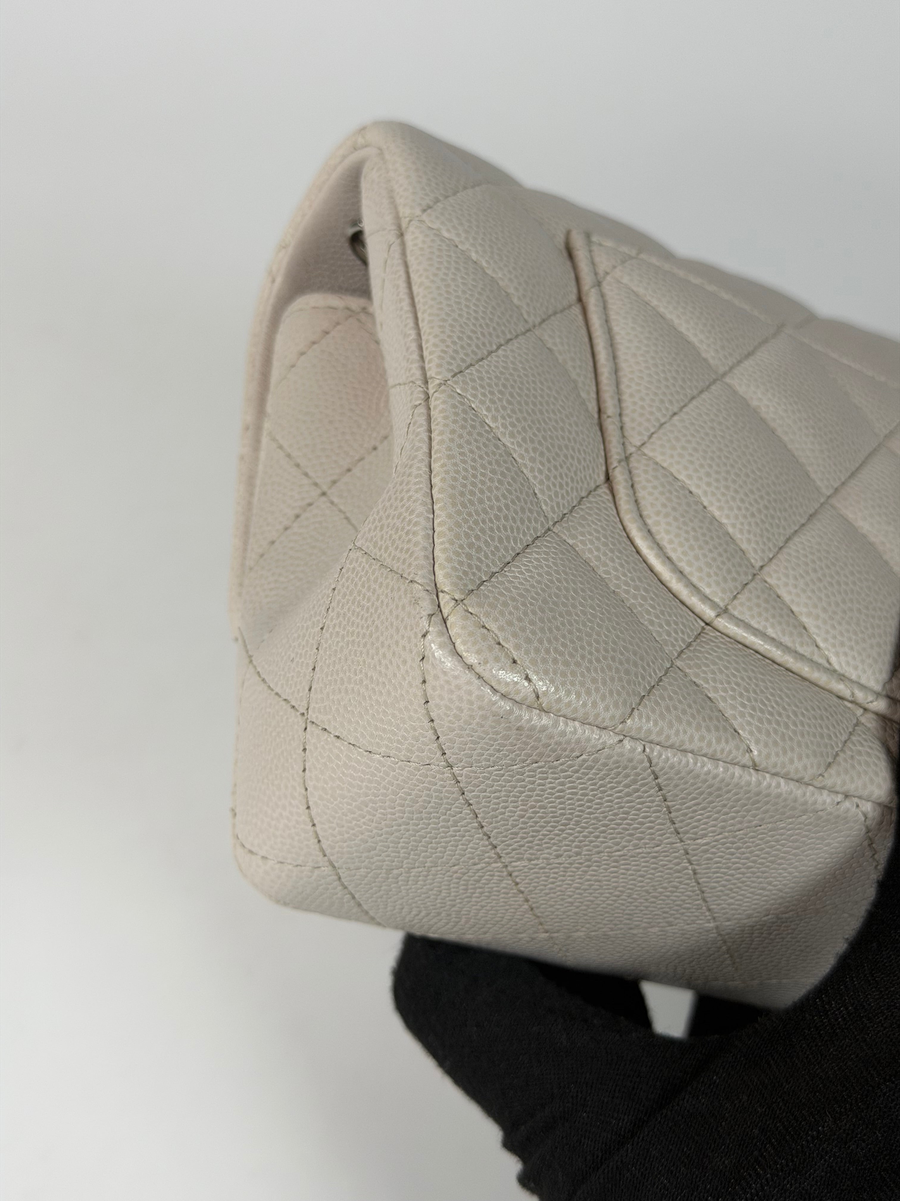 Chanel Mini Rectangle Pale Grey Caviar Leather With Silver Hardware in excellent condition 100% authentic and preloved