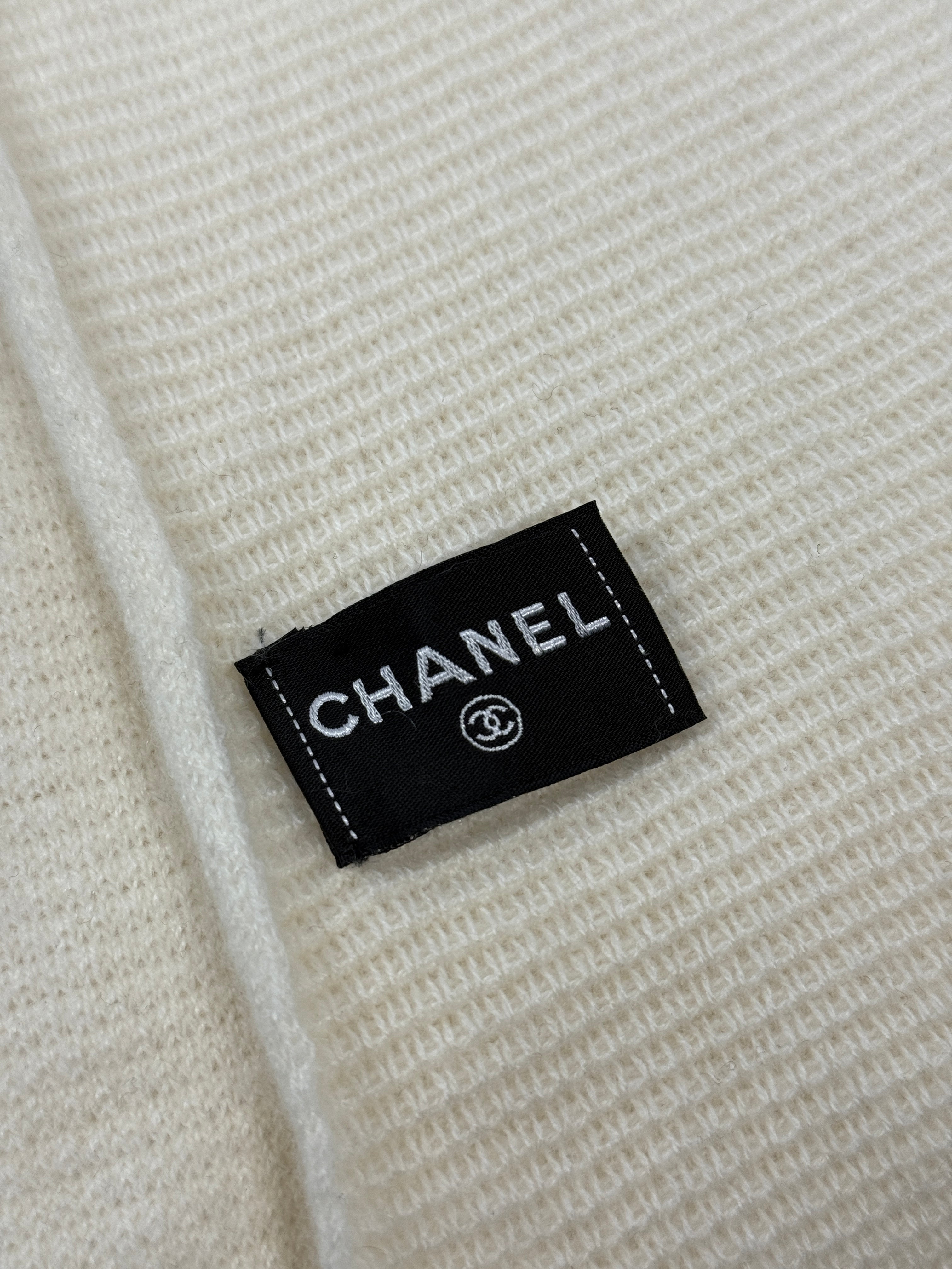 Chanel Cream Knit Logo Scarf With Tweed Detail, authentic and preloved in excellent condition
