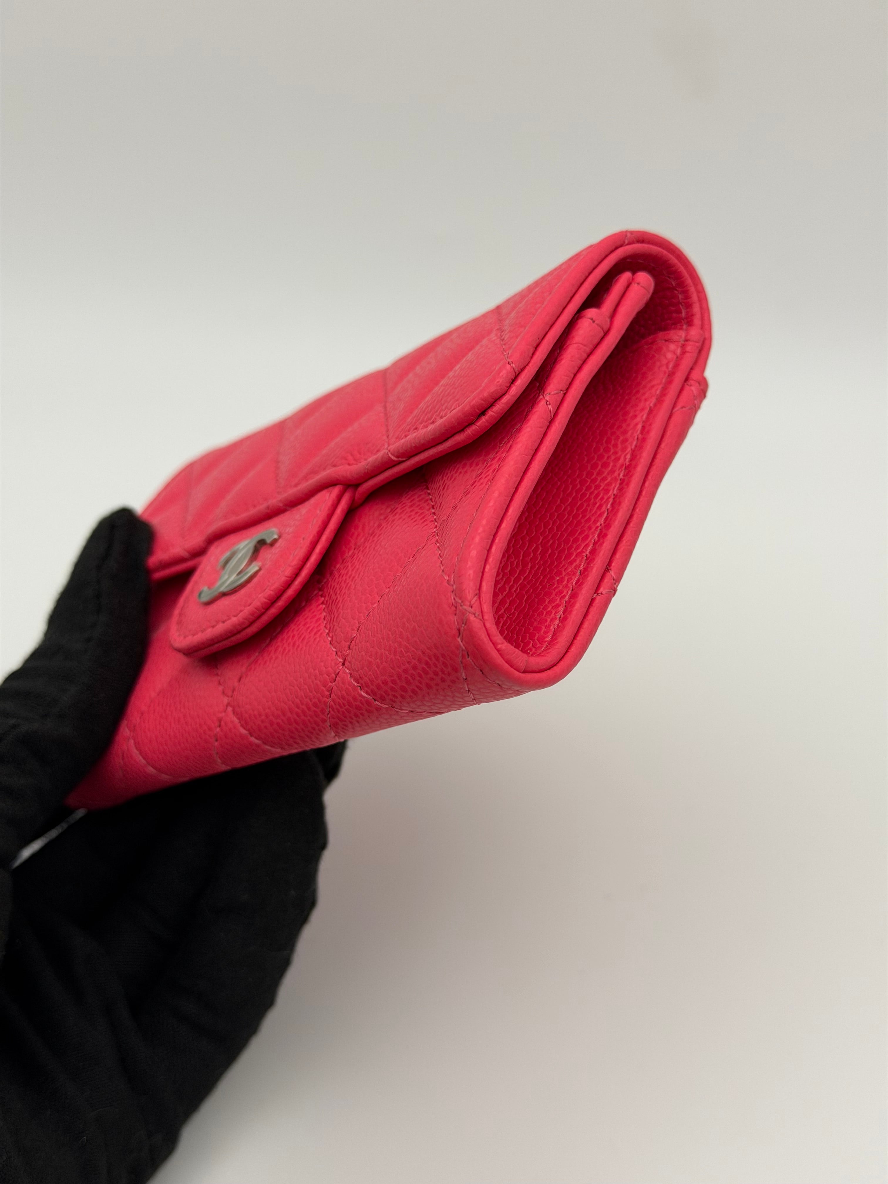 Chanel Classic Card Holder In Hot Pink Caviar Leather With Silver Hardware. Authentic and preloved in excellent condition