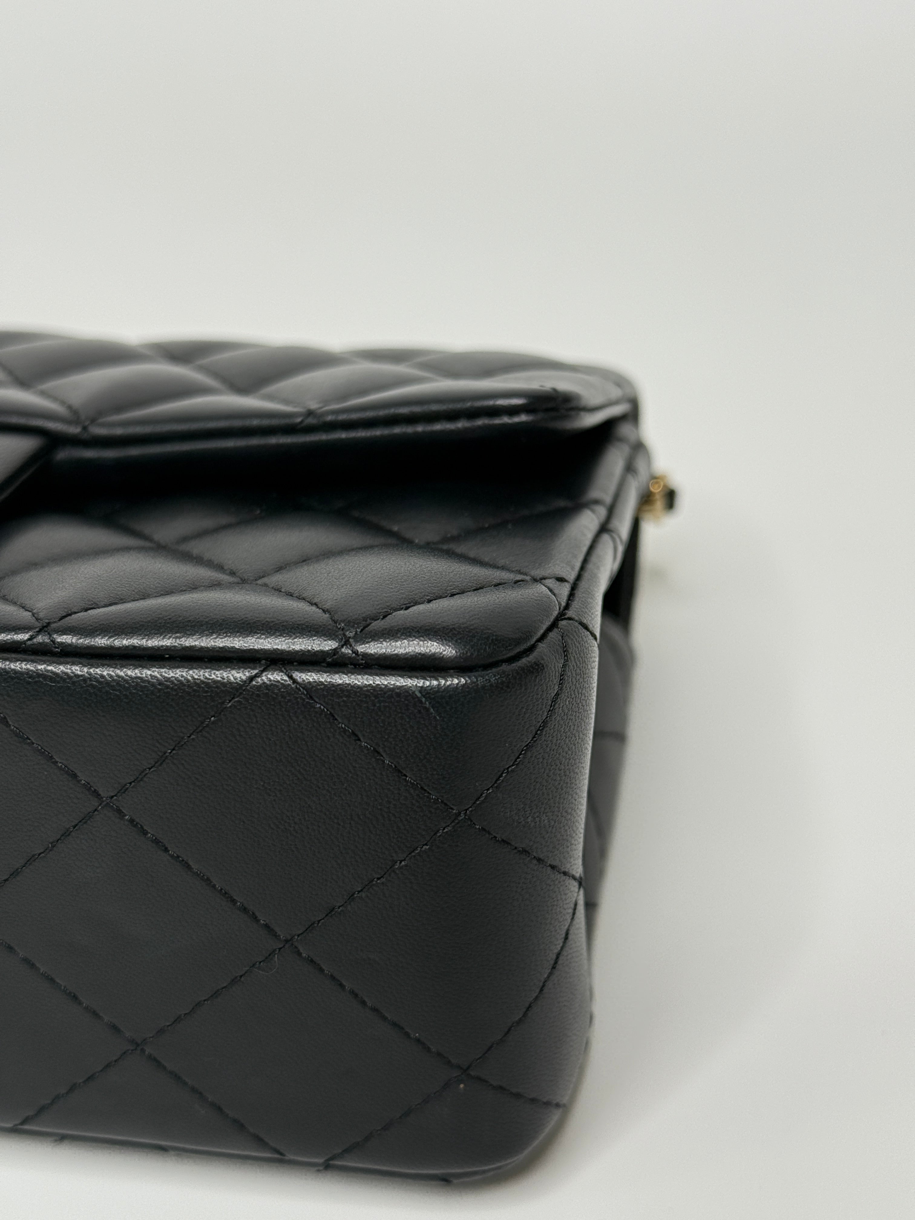 Chanel Mini Rectangle Top Handle Flap Bag In Black Lambskin With Pale Gold Hardware