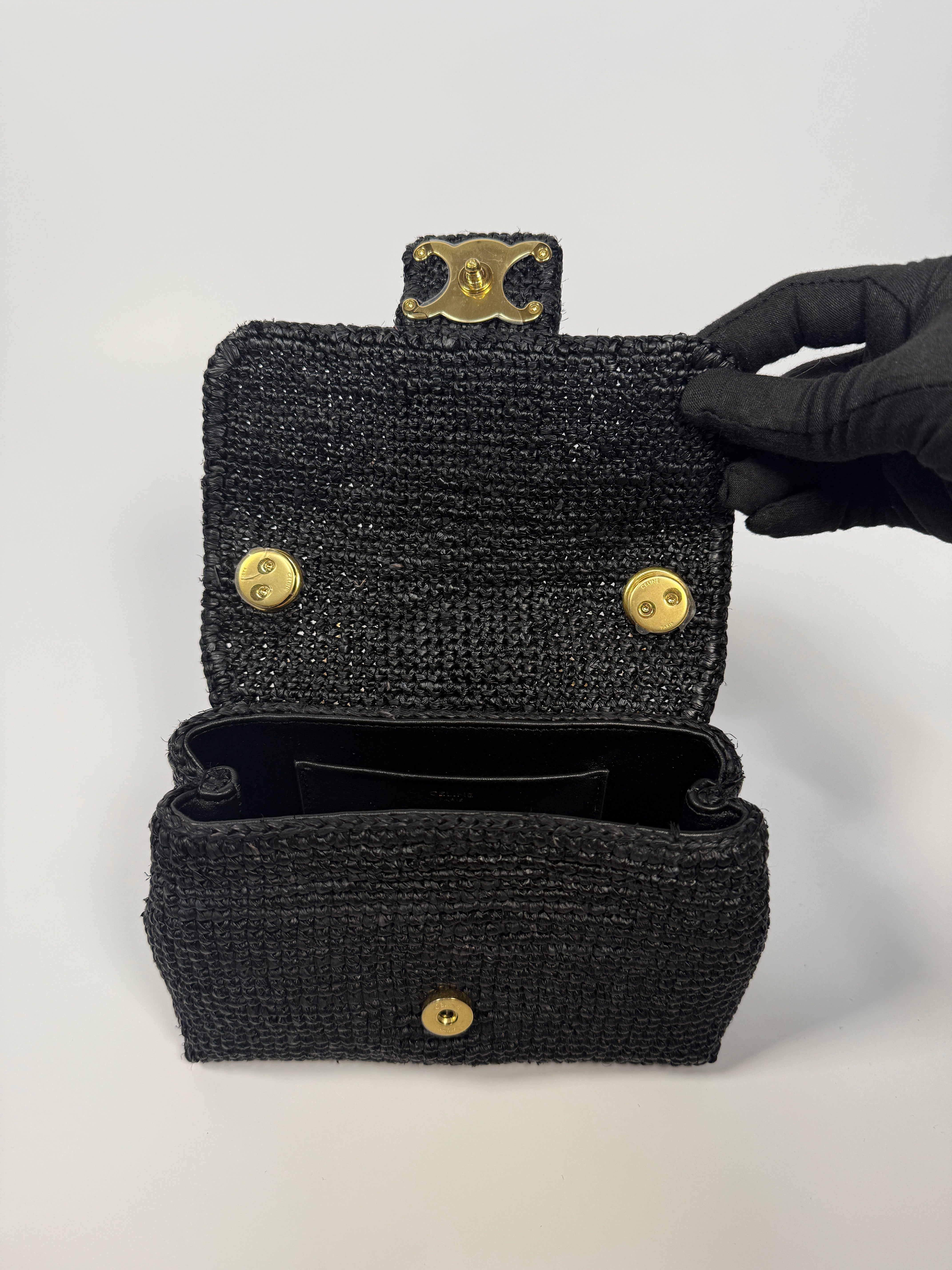 Celine Mini Victoire Bag In Black Raffia With Gold Hardware. Authentic and preloved in excellent condition