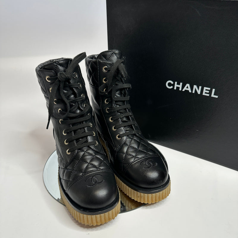 Chanel 20B Black Quilted CC  Combat Boots (Size 37.5 /UK 4.5)