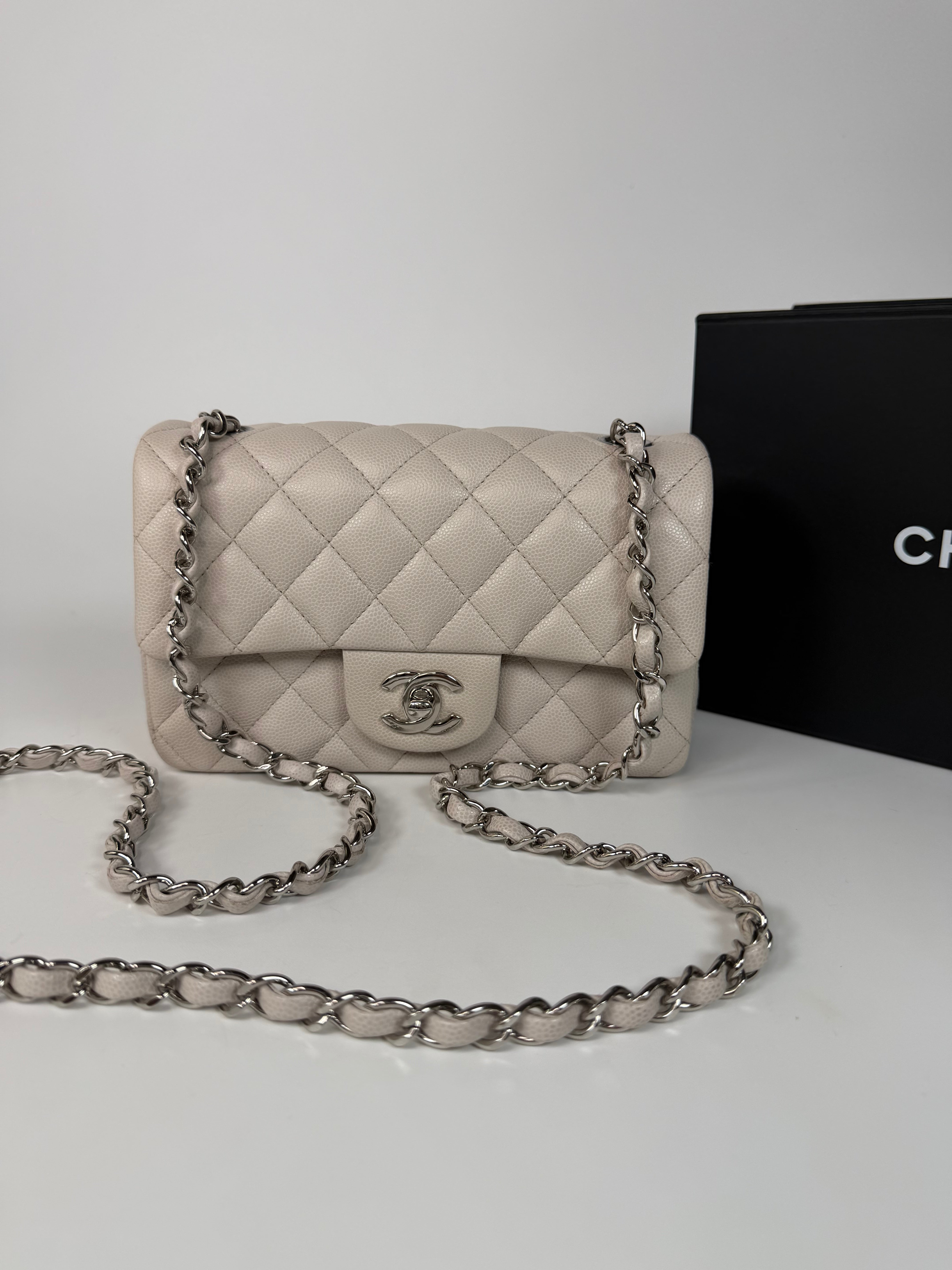 Chanel Mini Rectangle Pale Grey Caviar Leather With Silver Hardware in excellent condition 100% authentic and preloved