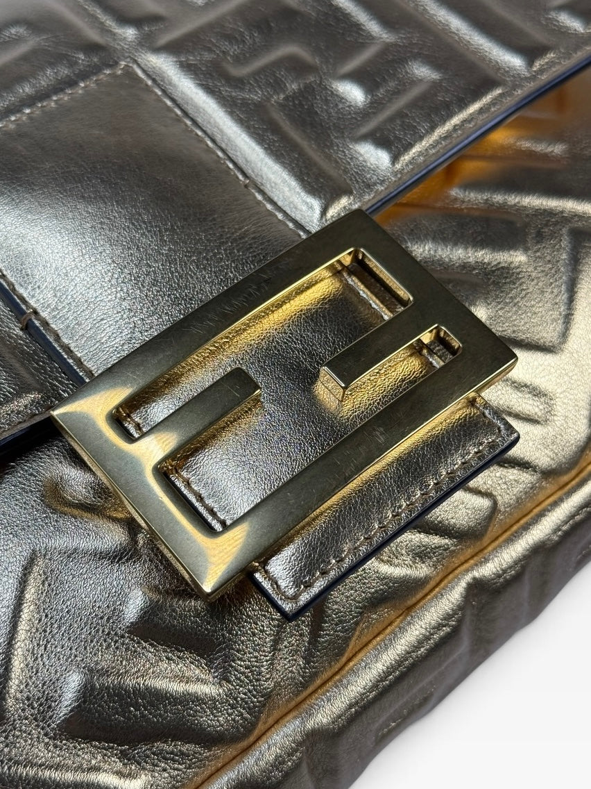 Fendi Large Baguette In Gold Leather Monogram With Gold Hardware. 100% authentic and preloved in excellent condition