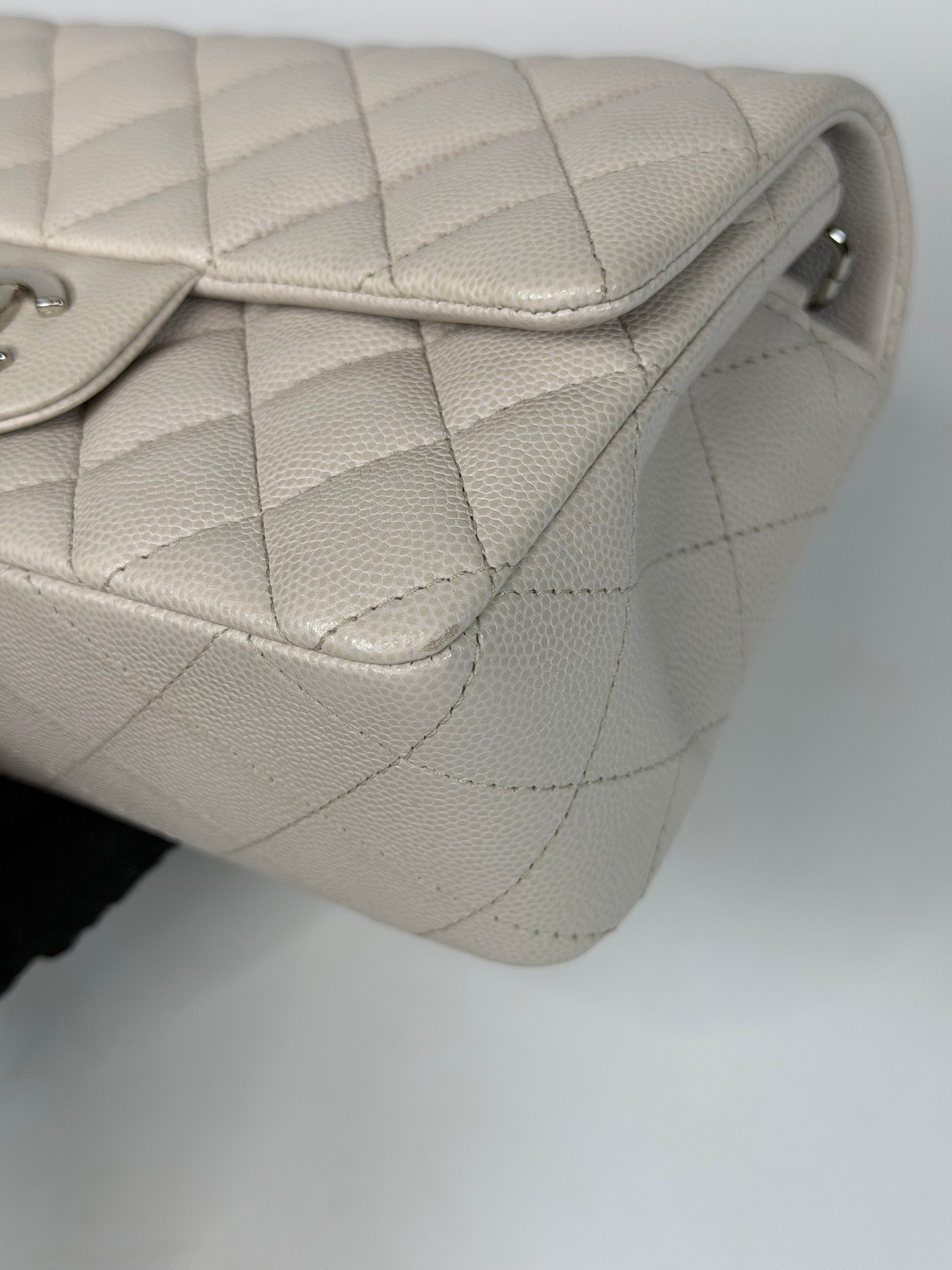 Chanel Mini Rectangle Pale Grey Caviar Leather With Silver Hardware in excellent condition 100% authentic and preloved