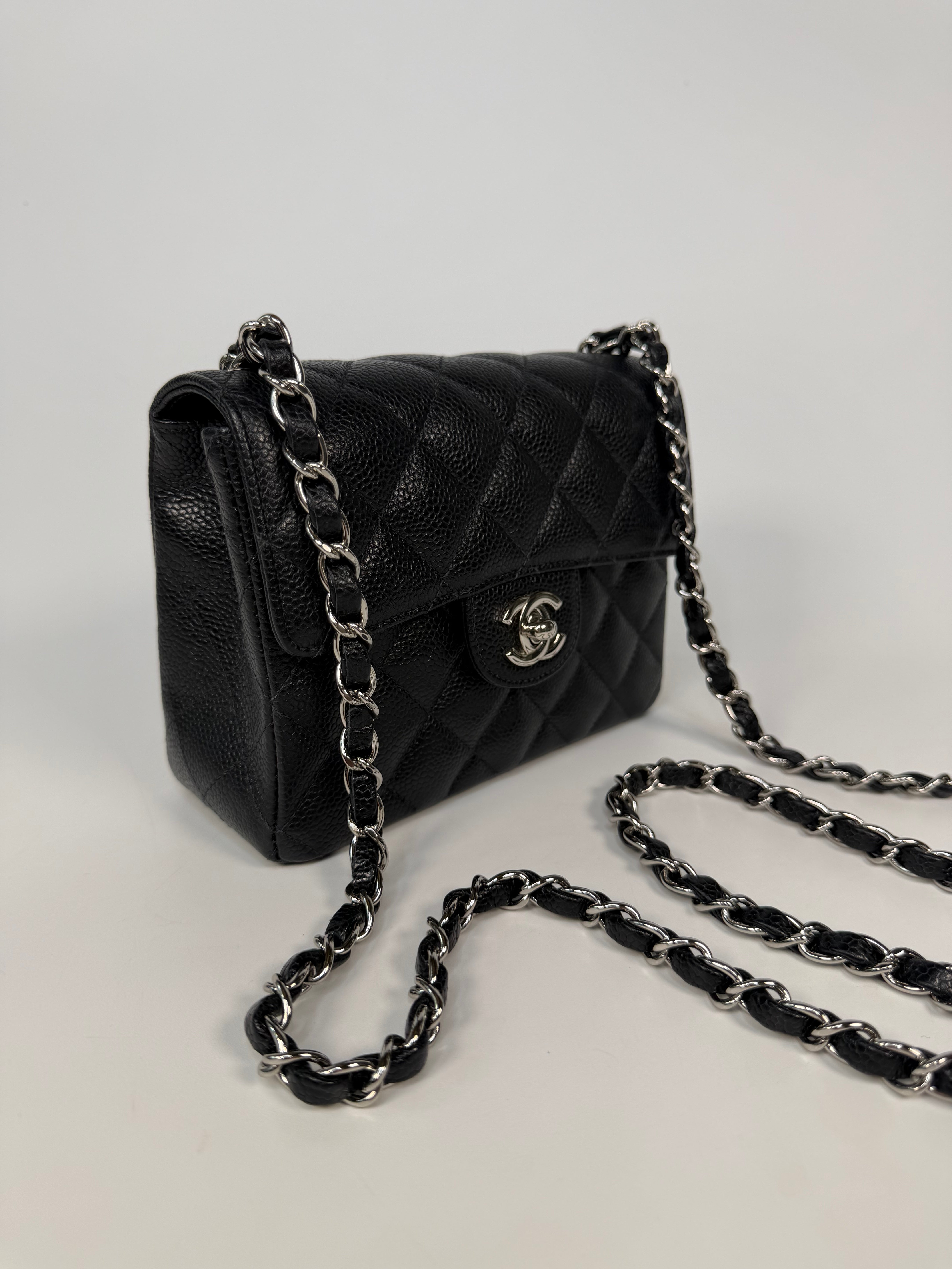 Chanel Vintage Mini Square Flap In Black Caviar Leather With Silver Hardware