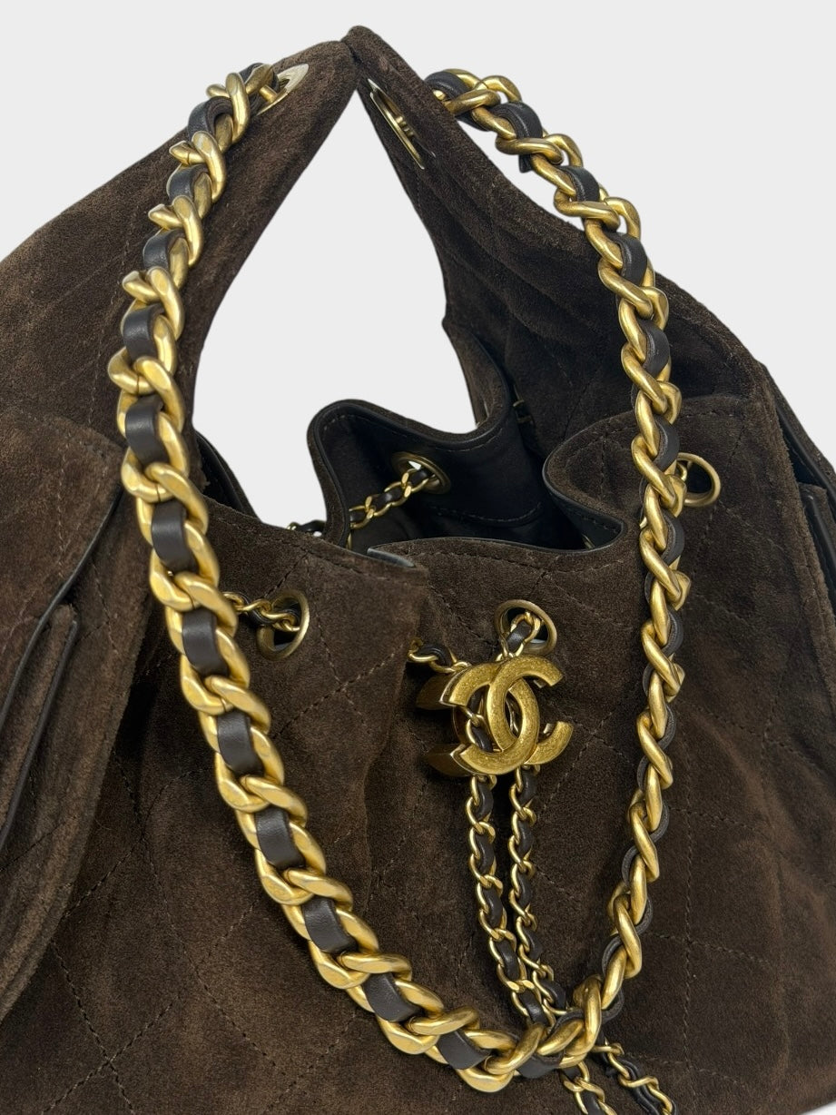Chanel 25 Small In Brown Suede With Gold Hardware. 100% authentic and preloved in excellent condition