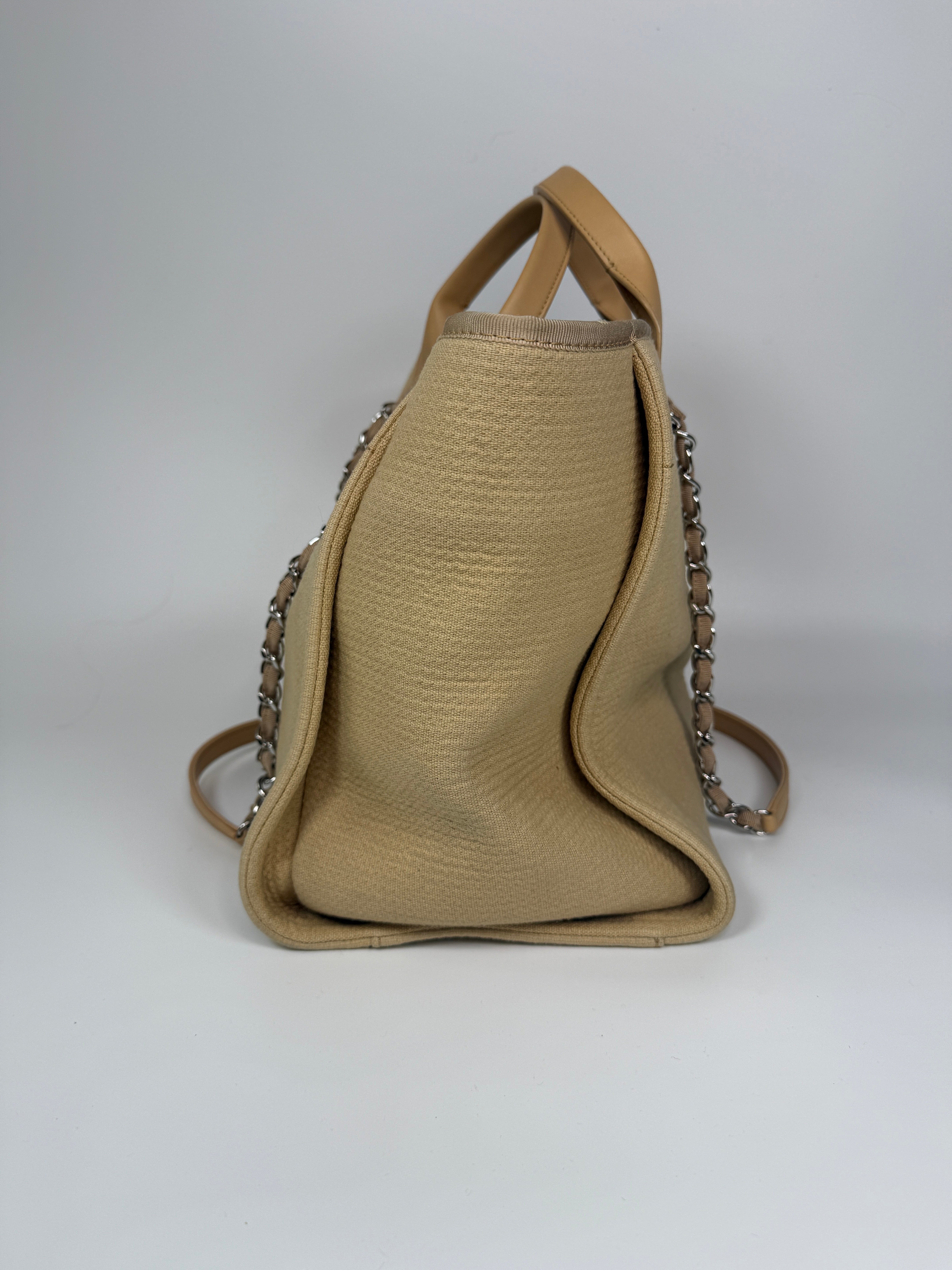 Chanel Large Deauville Tote Bag In Beige With Silver Hardware