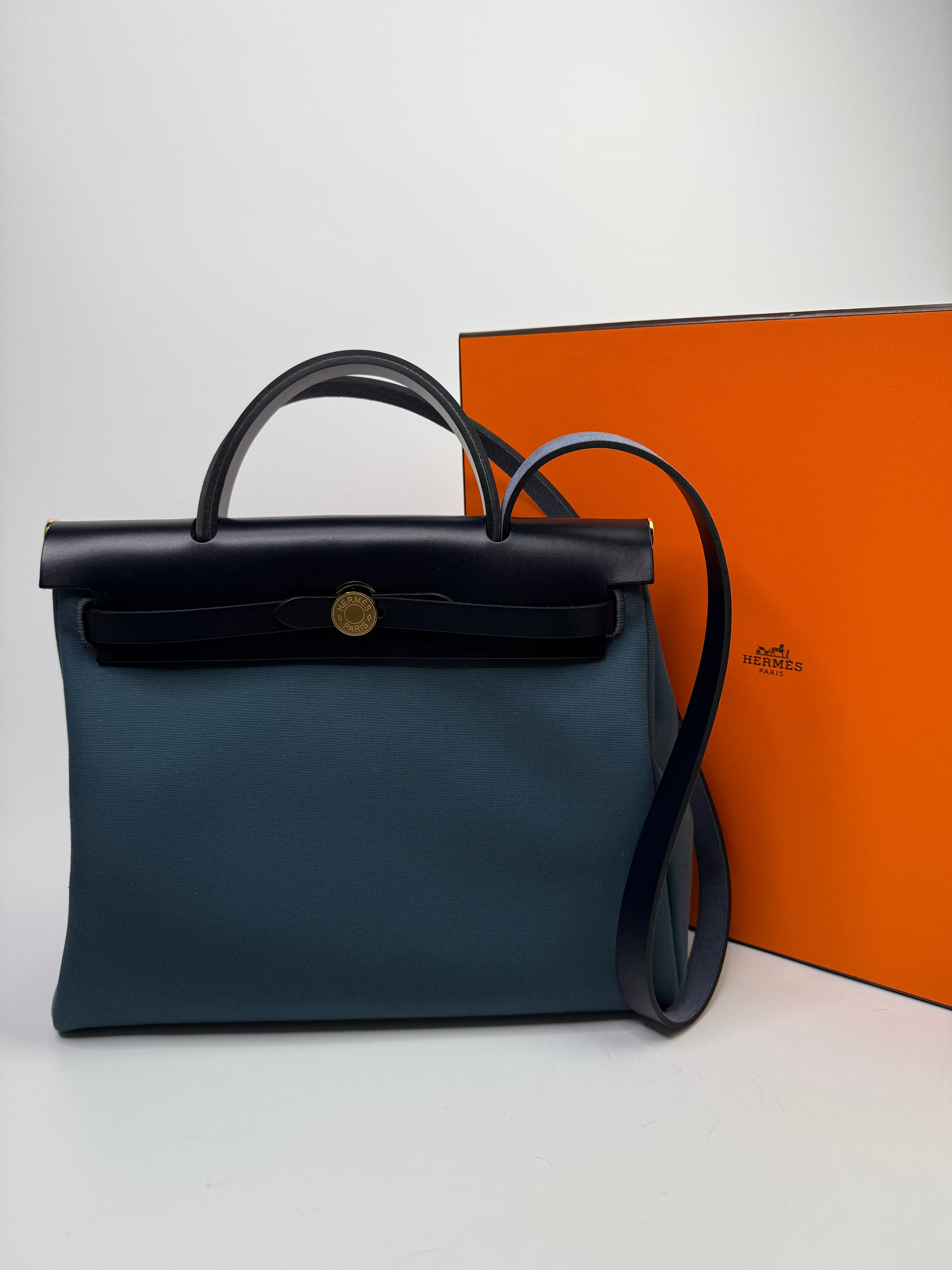 Hermès Herbag 31 Verso in Bleu Indigo and Sesame with GHW