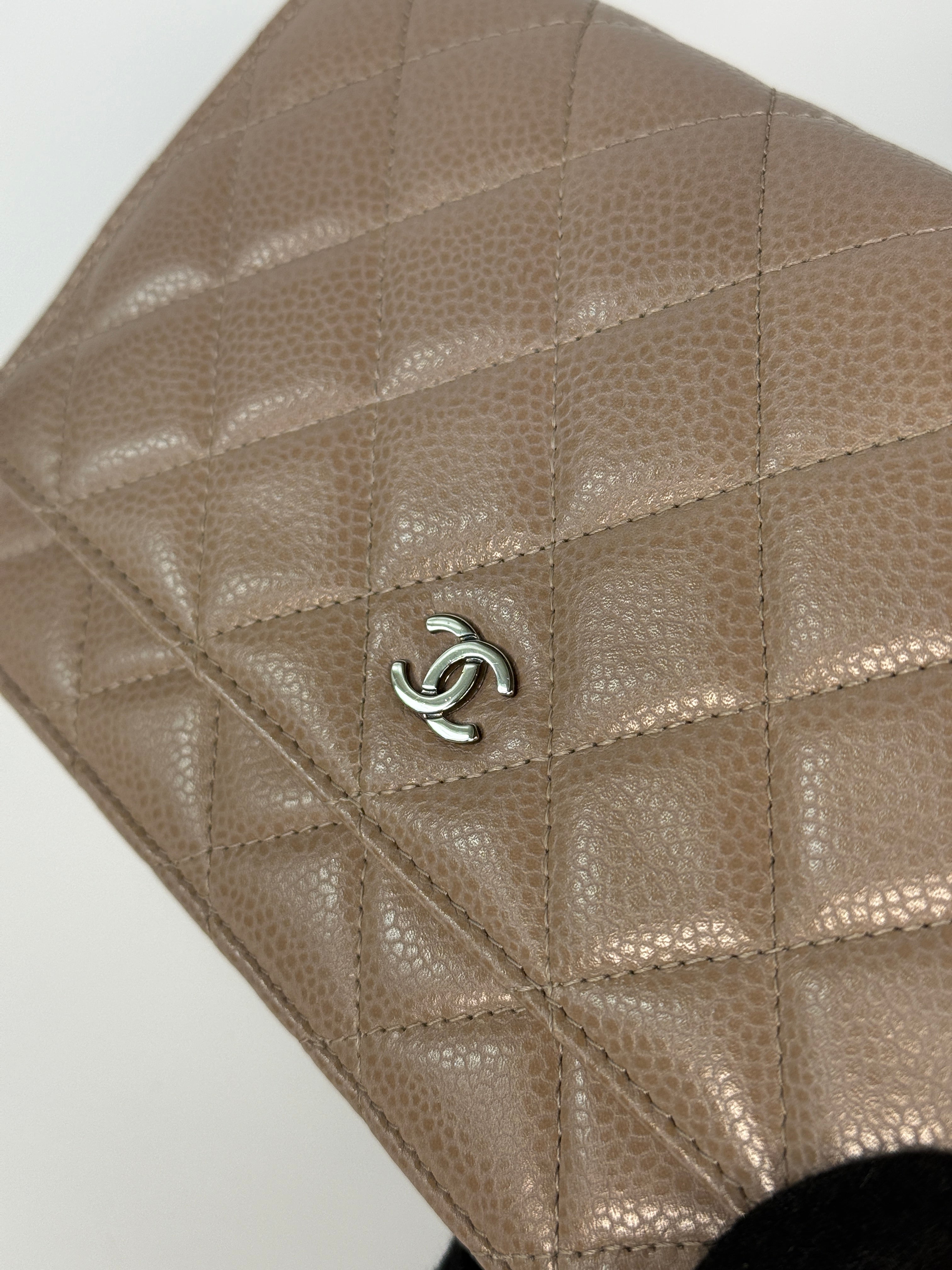 Chanel Wallet On Chain In Taupe Caviar Leather With Gold Hardware
Authentic Pre Loved Verified by Luxe Cheshire Trusted Designer resale