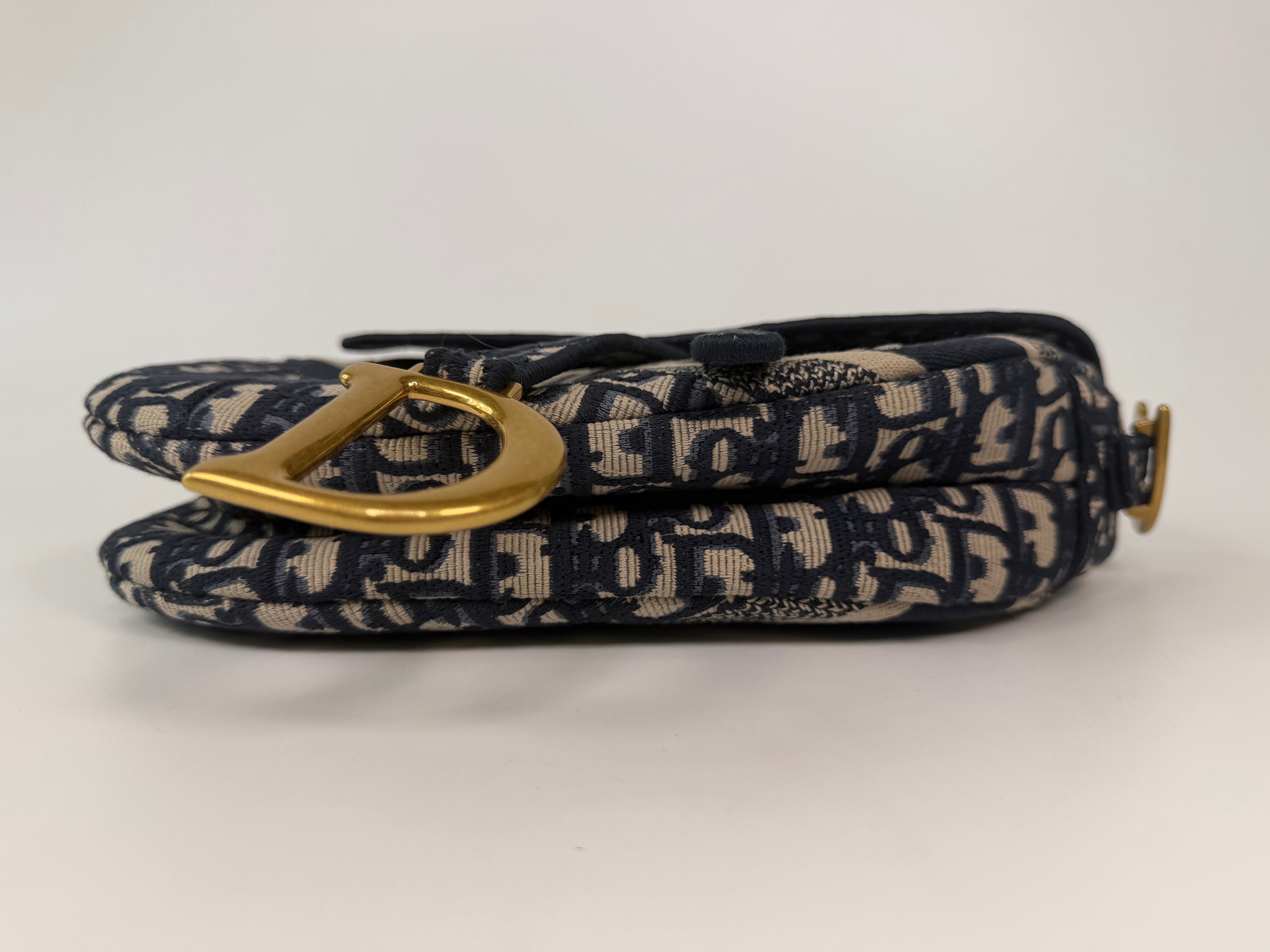 Christian Dior Saddle Bag In Blue Oblique Canvas With Gold Hardware