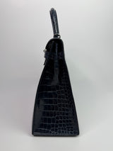 Hermès Kelly 35 In Bleu Crocodile Porosus Lisse With PHW