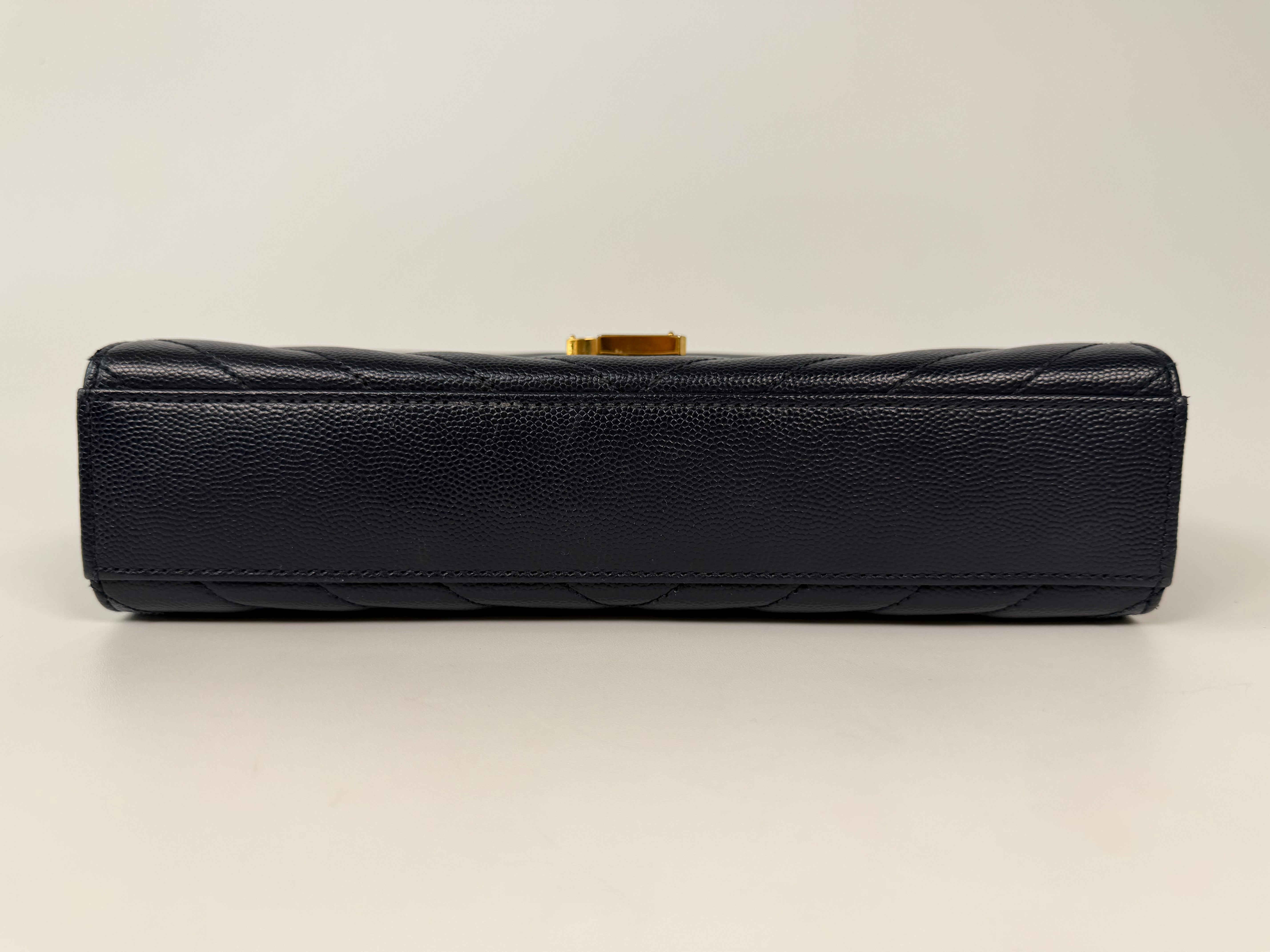 Authentic and pre loved Saint Laurent Medium Envelope Bag In Blue Grained Leather With Gold Hardware. Excellent Condition. Verified by Luxe Cheshire 