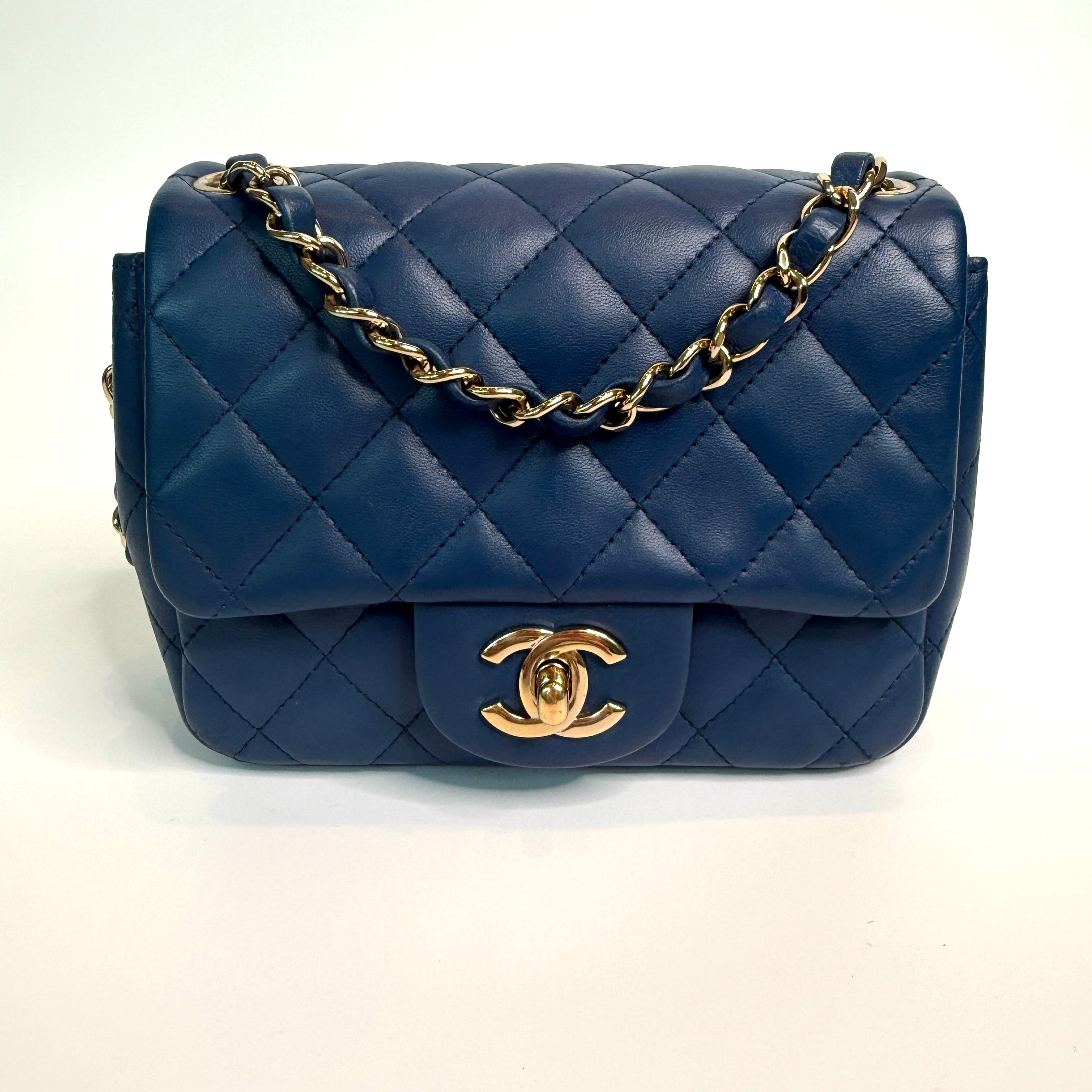 Chanel Mini Square In Navy Lambskin Leather With PGHW
