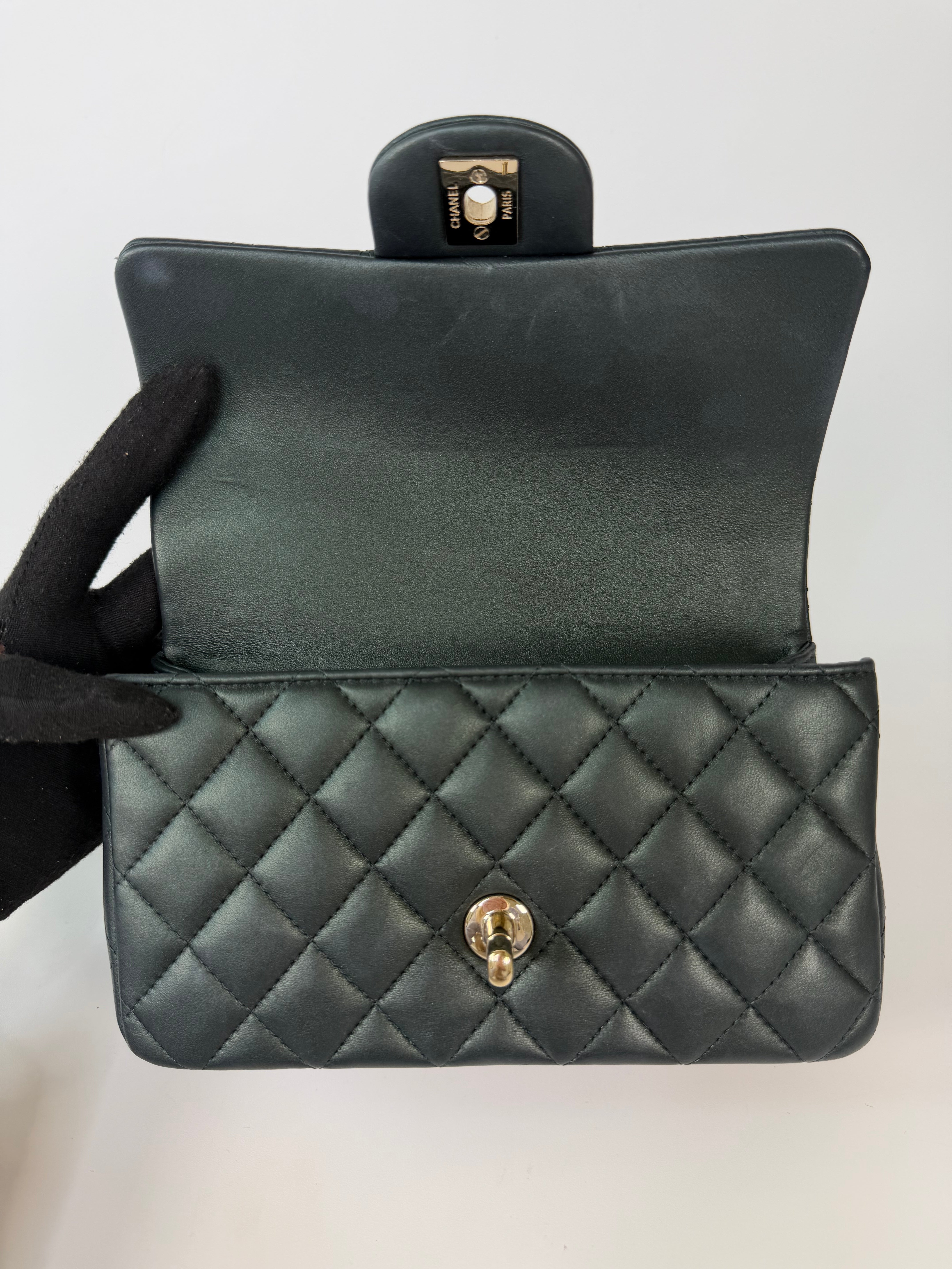 Chanel Mini Rectangle Top Handle In Metallic Green Lambskin Leather Gold Hardware. 100% authentic and preloved in excellent condition.